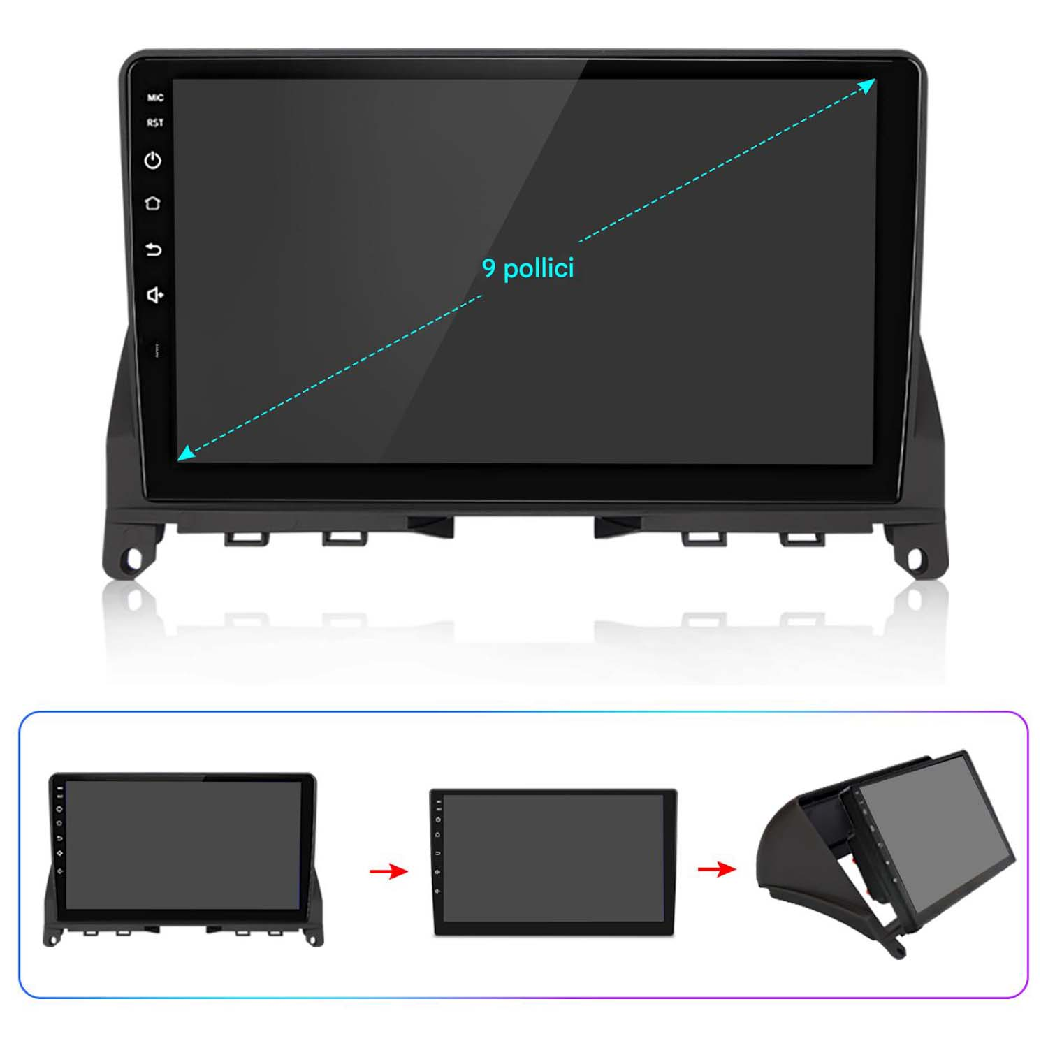 Schermo del sistema multimediale per auto con display da 9 pollici. Vengono mostrati lo schermo e i passaggi di installazione.