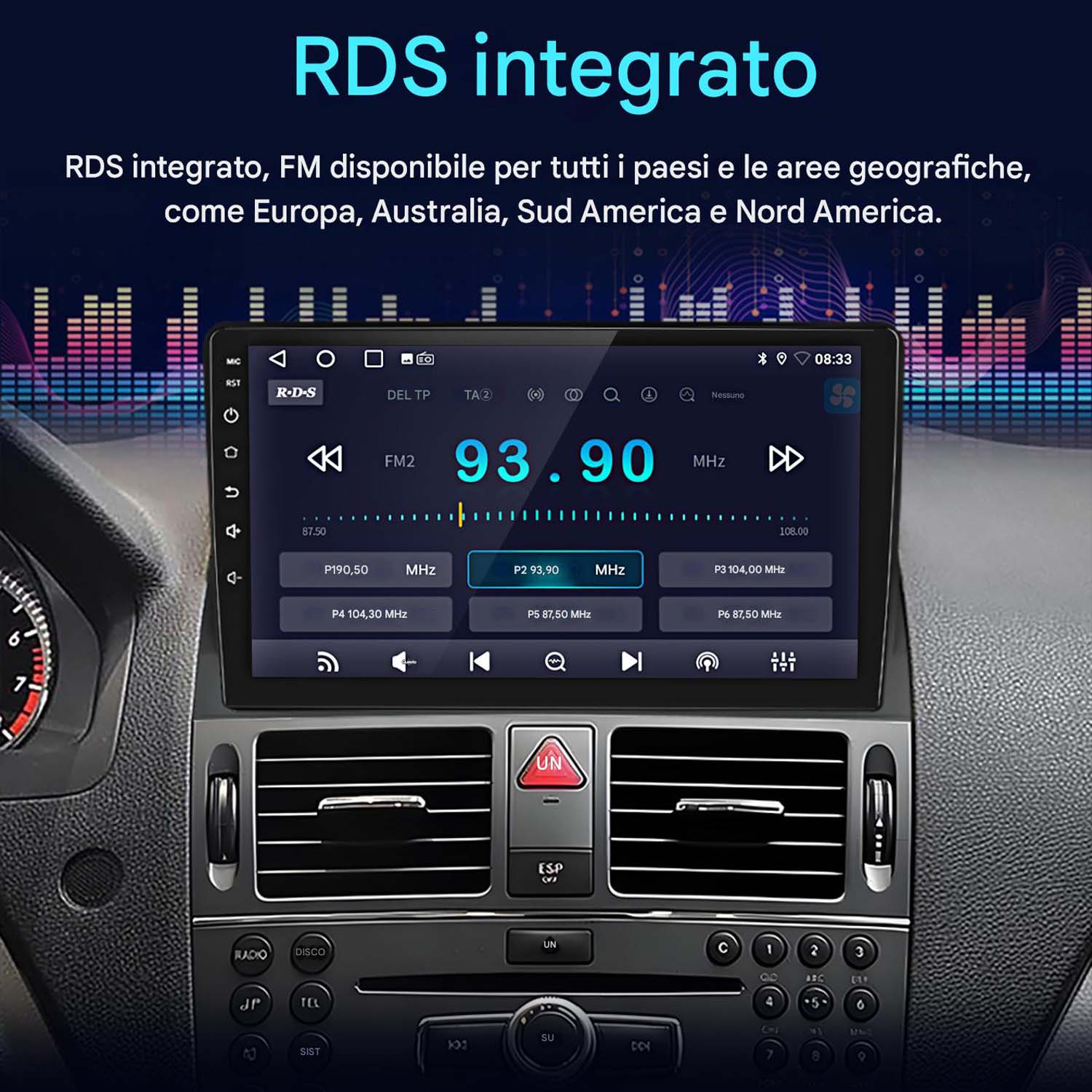 Schermo autoradio che mostra informazioni radio, tra cui frequenza e sistema RDS, con testo in italiano.