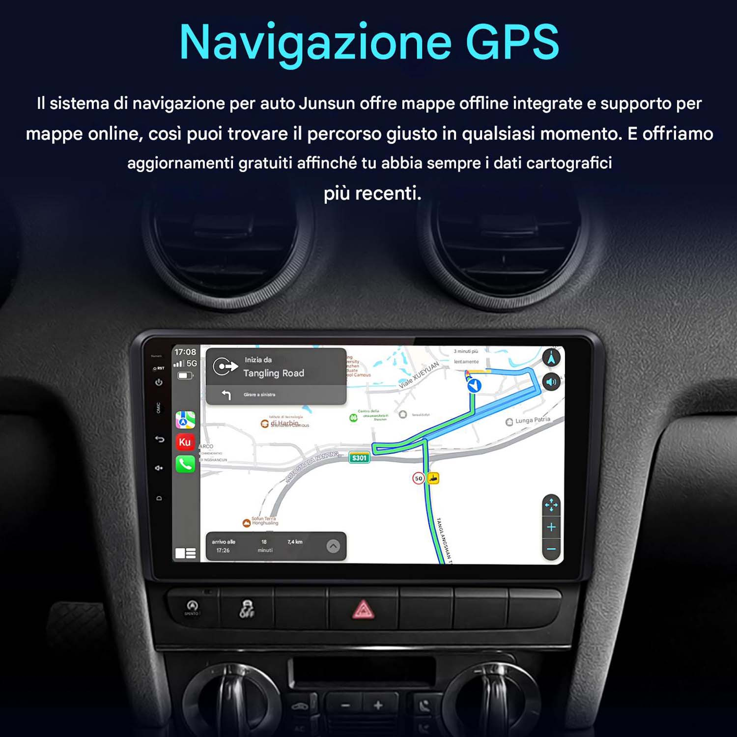 Interfaccia del sistema stereo per auto che mostra una mappa di navigazione con un percorso, in un interno auto.