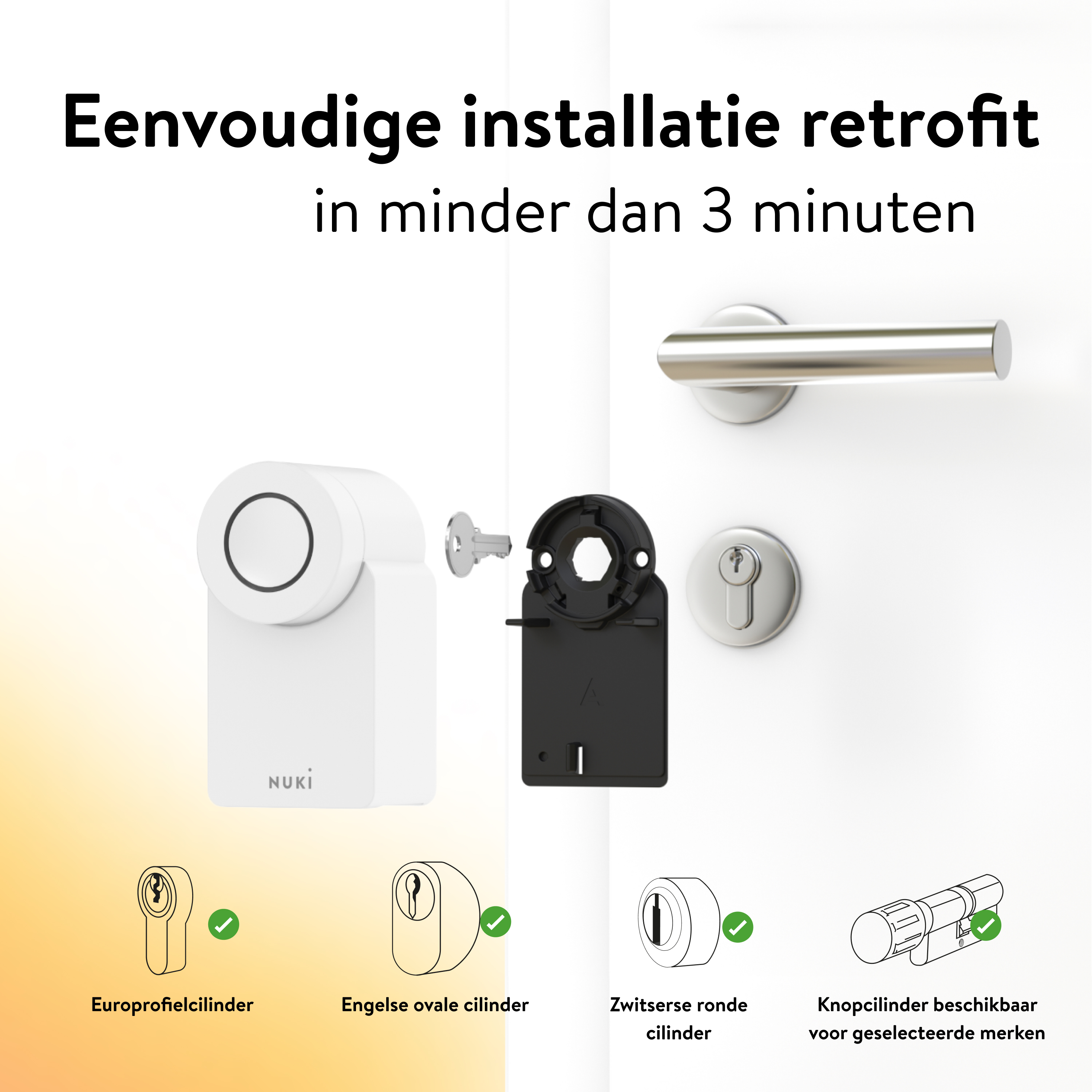 Diagramm mit Smart Lock Komponenten und Installationsanweisungen. Verschiedene Schlosstypen dargestellt.