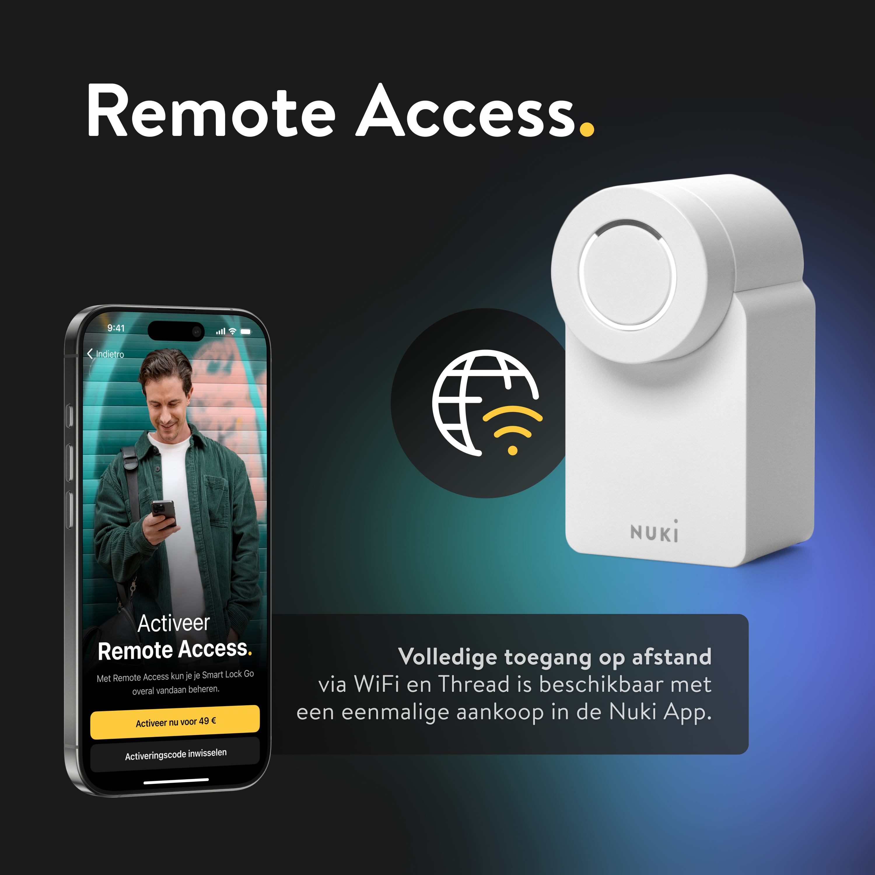 Ein Telefon mit einer Smart-Lock-App, ein Smart-Lock und Text zum Fernzugriff.
