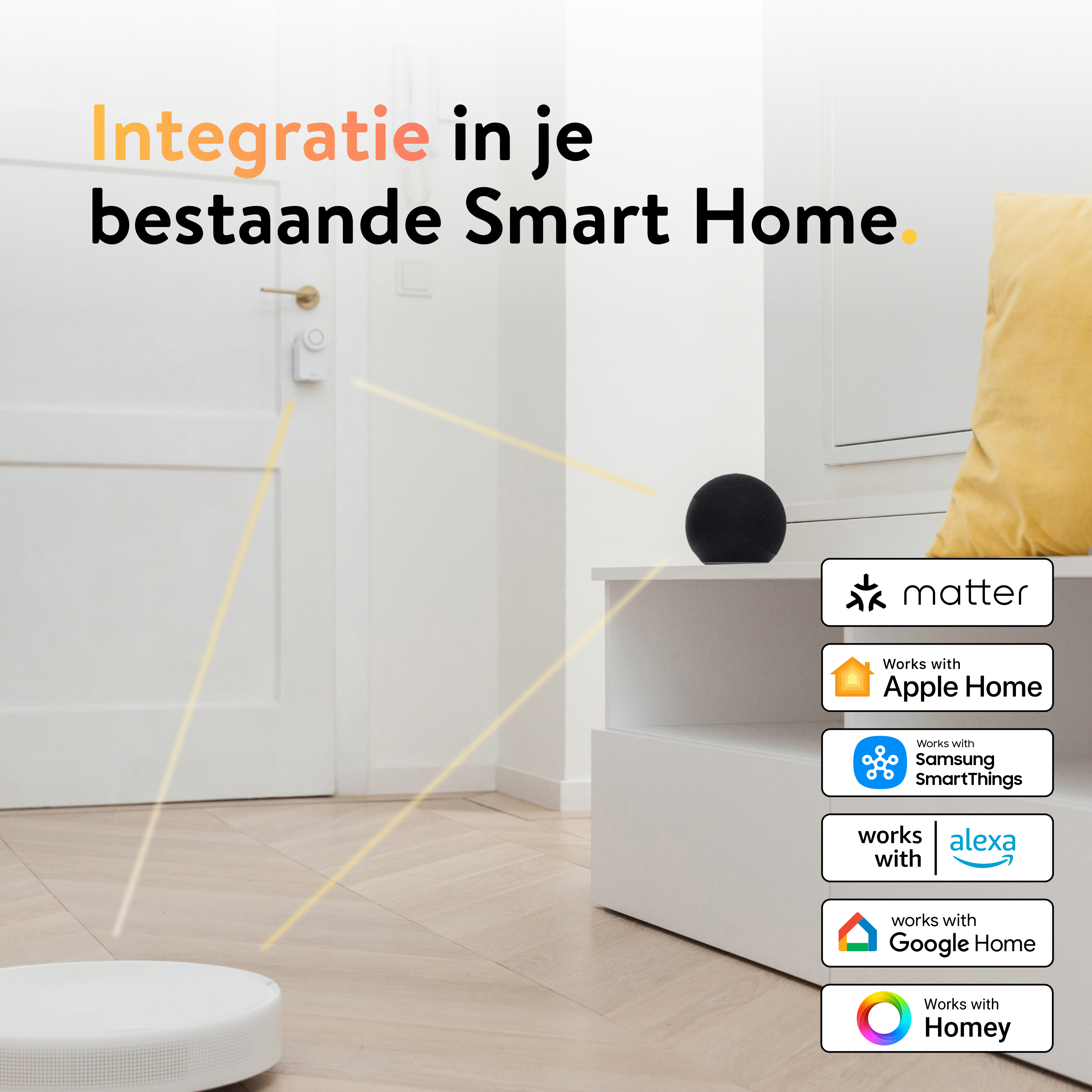 Ein Smart-Home-Setup mit einer Tür, einem Lautsprecher und Text zur Smart-Home-Integration.