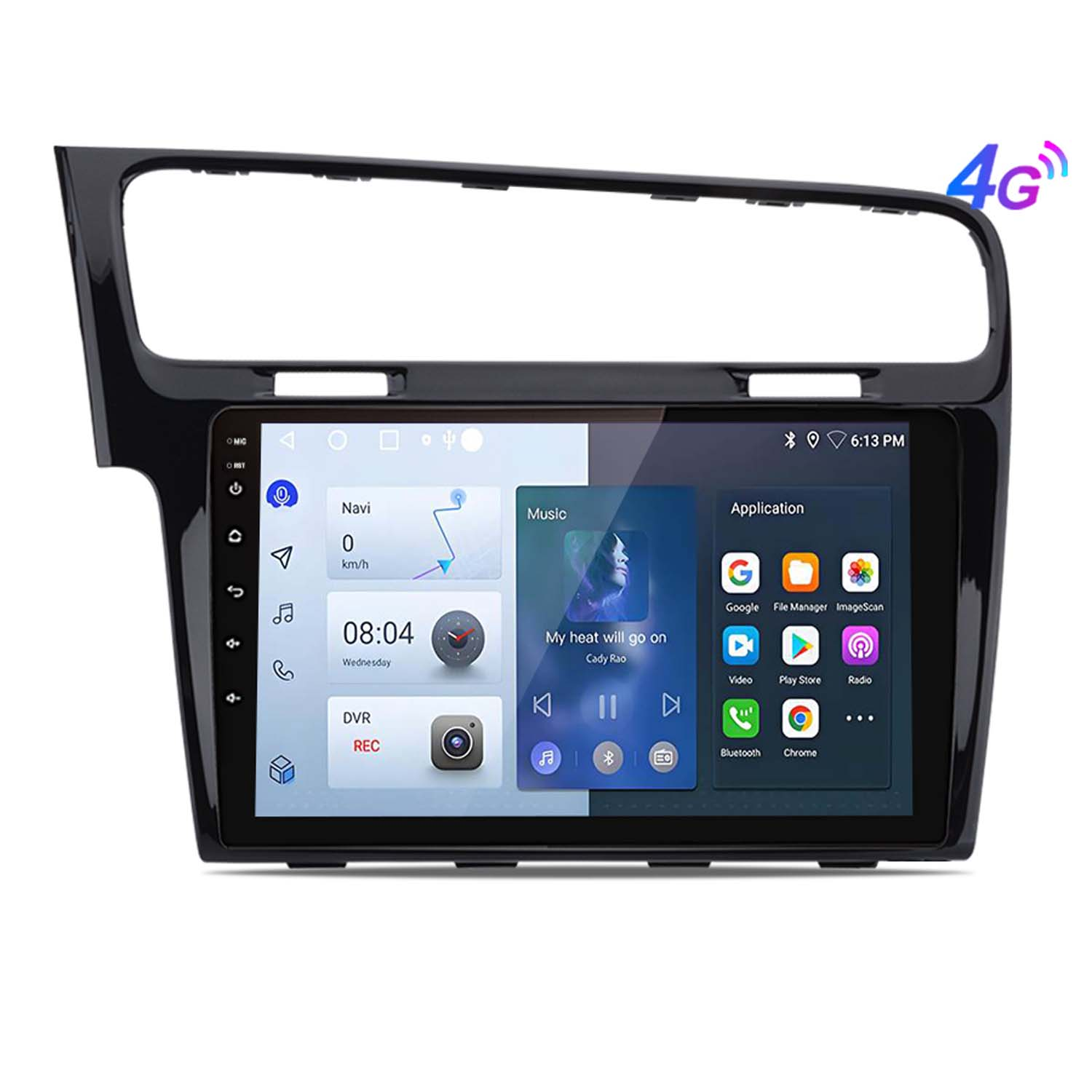Interfaccia dell'impianto stereo per auto che mostra navigazione, musica e icone delle app su un cruscotto nero.