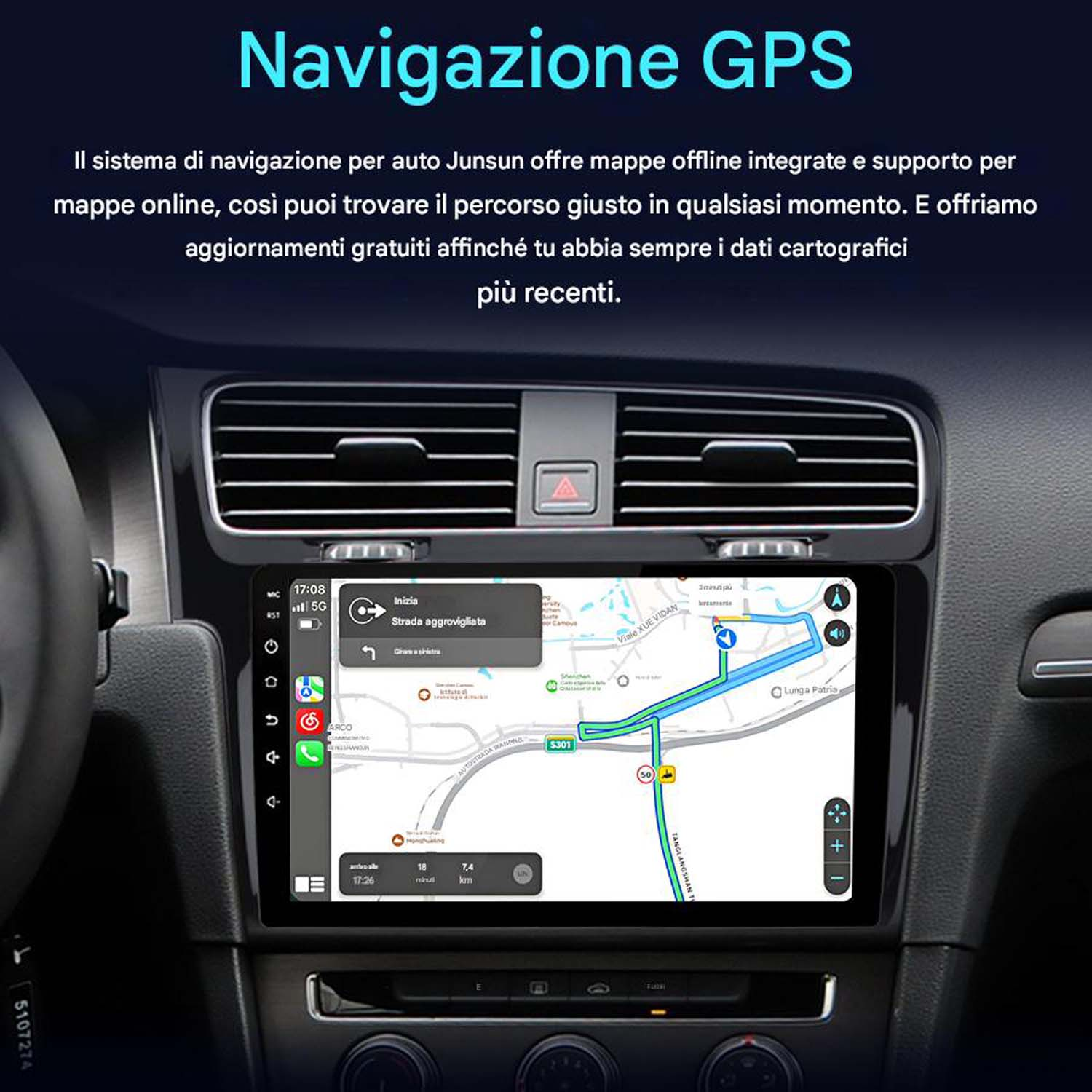 Cruscotto auto con schermo che mostra una mappa GPS e dettagli di navigazione.