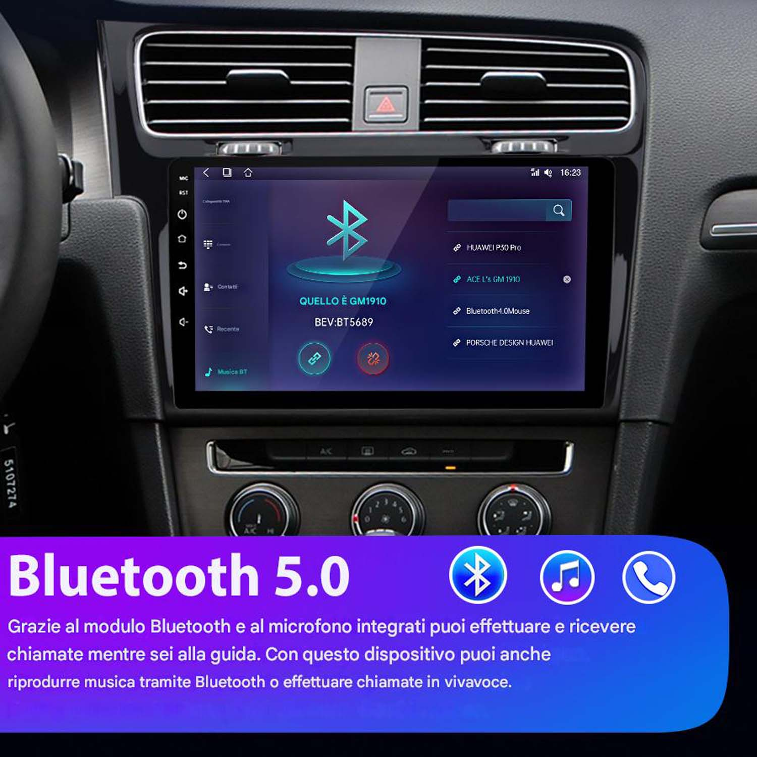 Cruscotto dell'auto con schermo che mostra le opzioni Bluetooth. Logo e icone Bluetooth visibili.