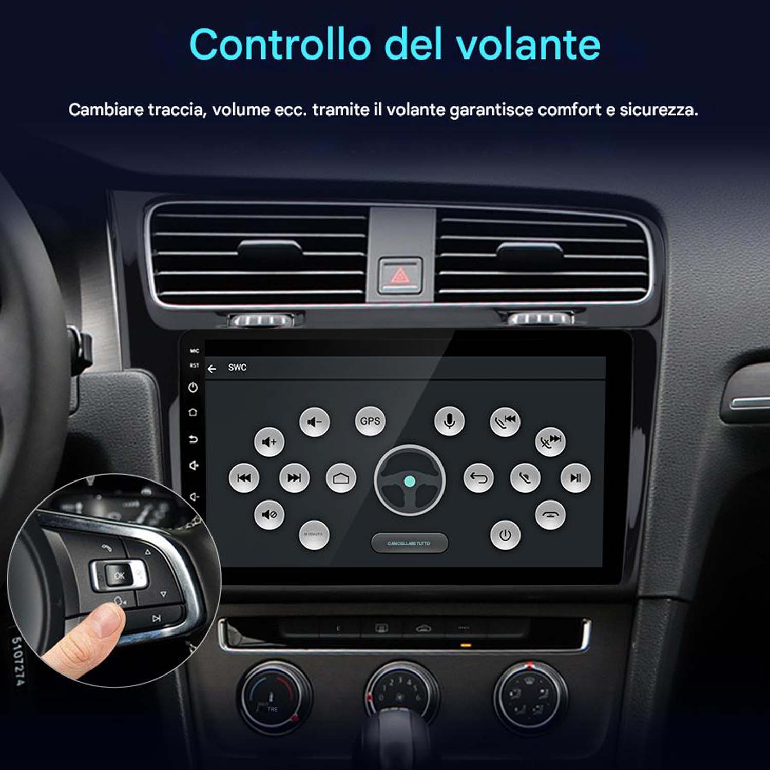 Cruscotto auto con display che mostra le opzioni di controllo e volante.