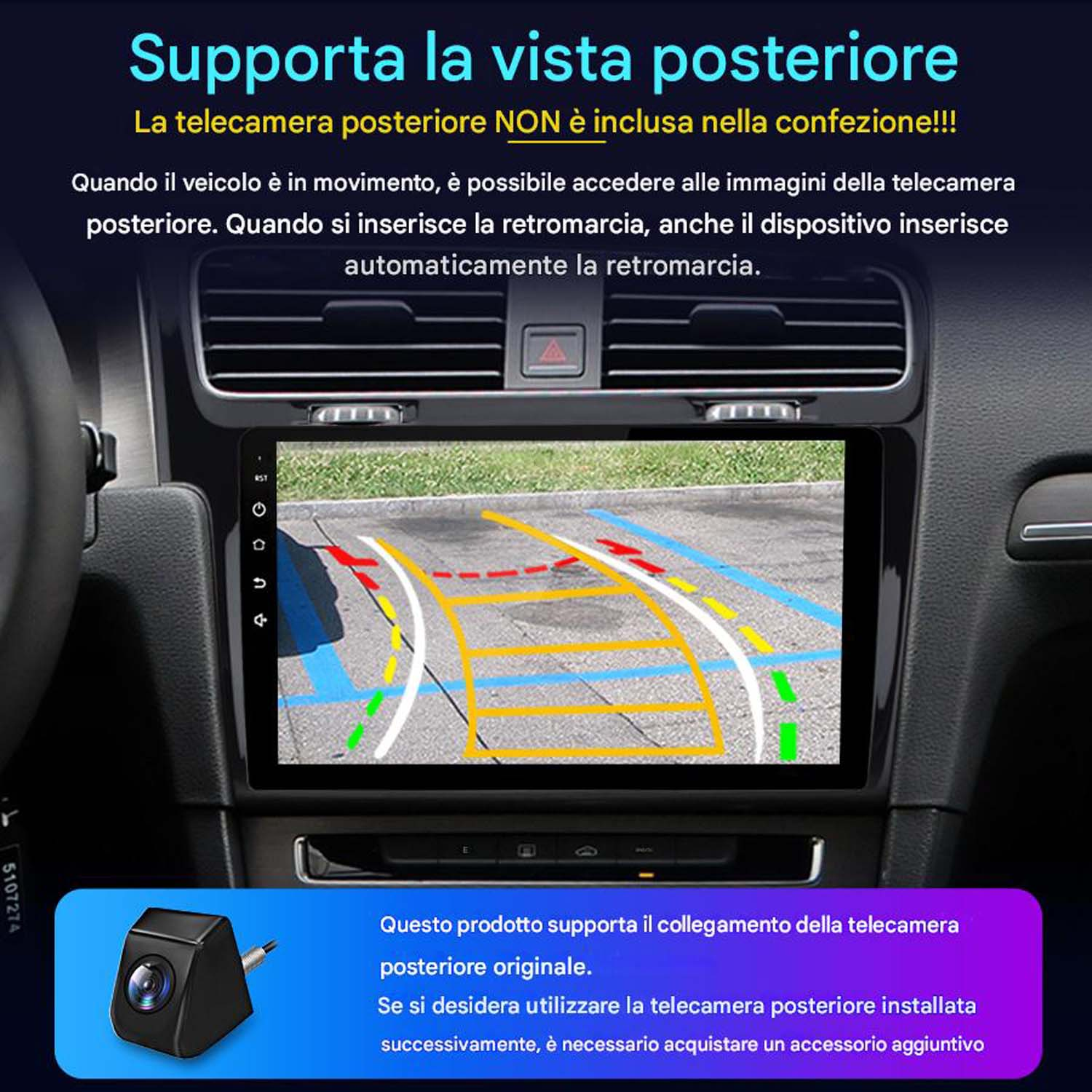Schermo autoradio che mostra una vista della telecamera posteriore. Lo schermo mostra le linee guida di parcheggio e il testo in italiano.