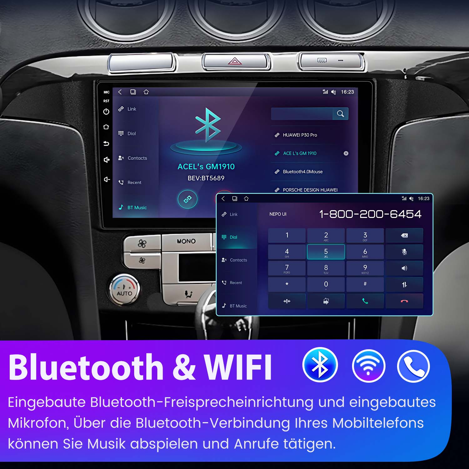 Cruscotto auto con display touchscreen. Mostra le opzioni Bluetooth e Wi-Fi.