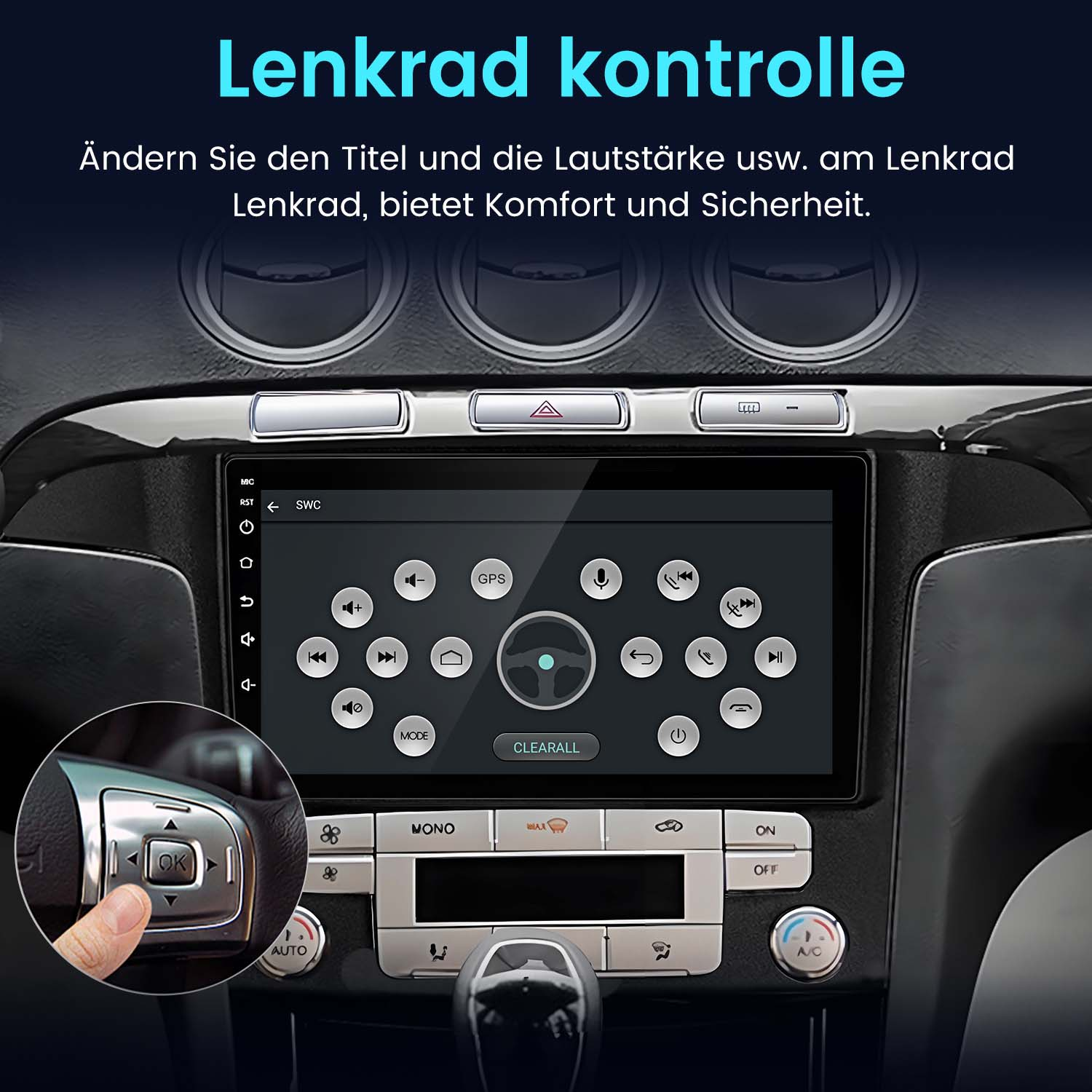 Sistema multimediale per auto con comandi al volante. Una mano preme il pulsante OK sul volante.