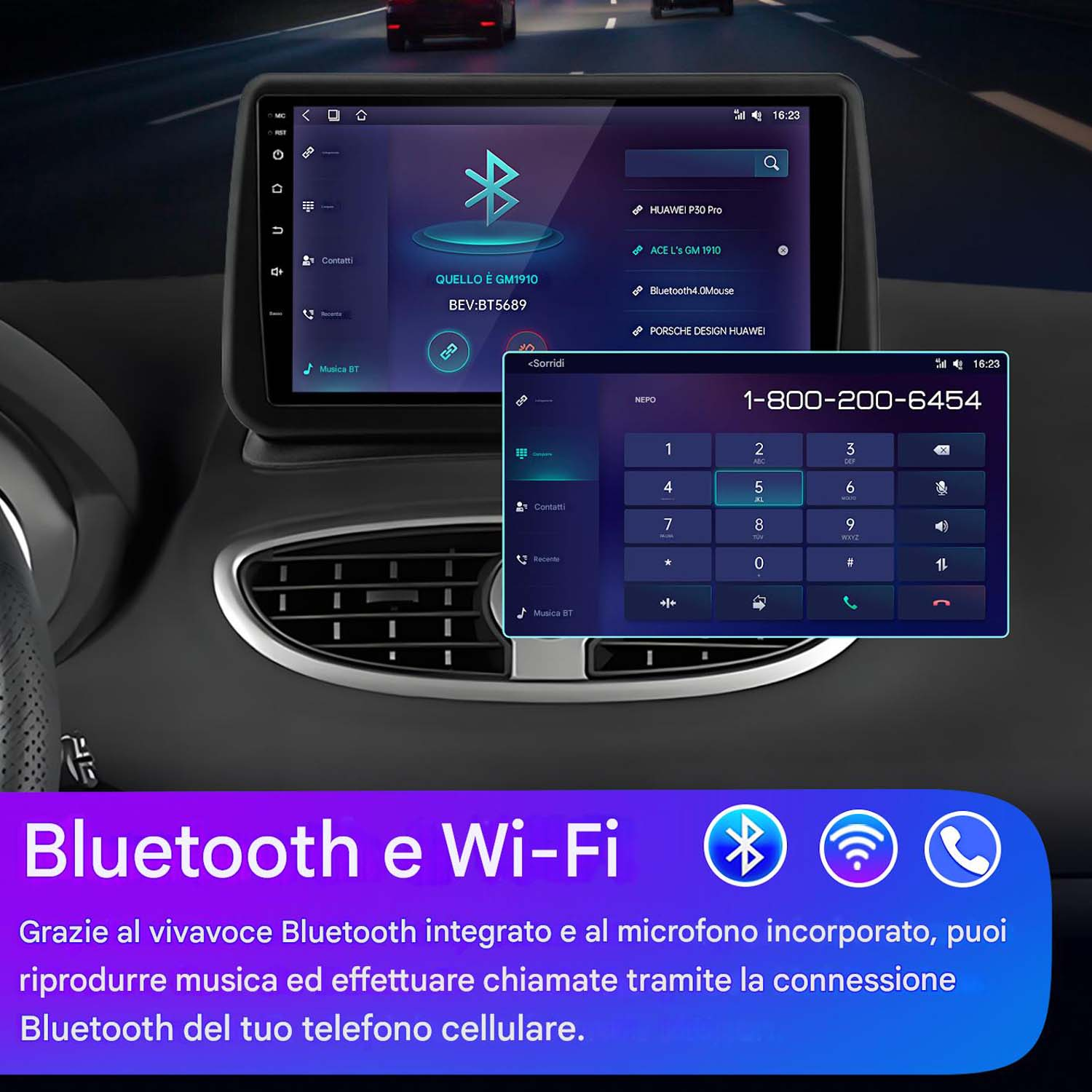 Schermo autoradio che mostra le funzioni Bluetooth e Wi-Fi, con interfaccia tastierino telefonico e cronologia chiamate.