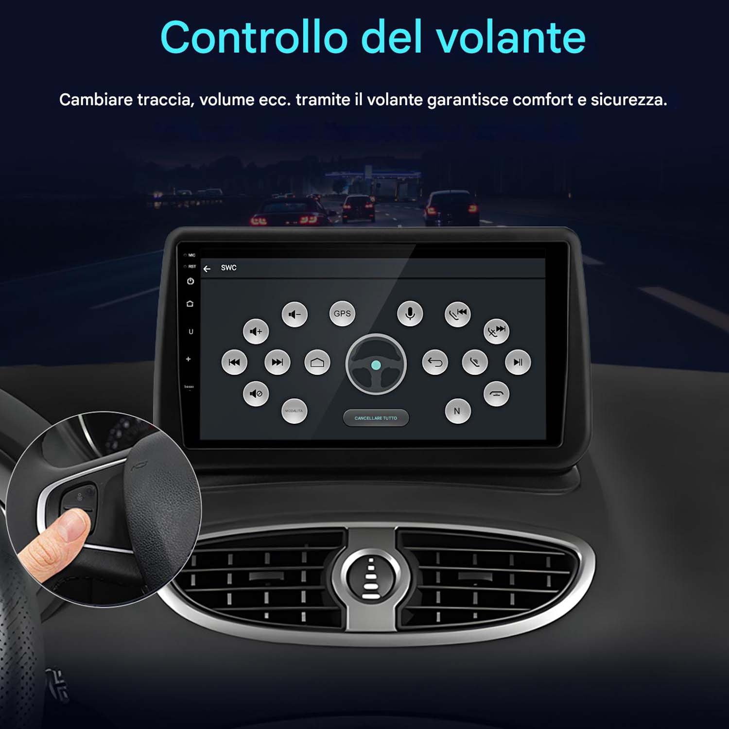Schermo autoradio che mostra i controlli del volume e della traccia, con testo in italiano, e una vista dei controlli al volante.