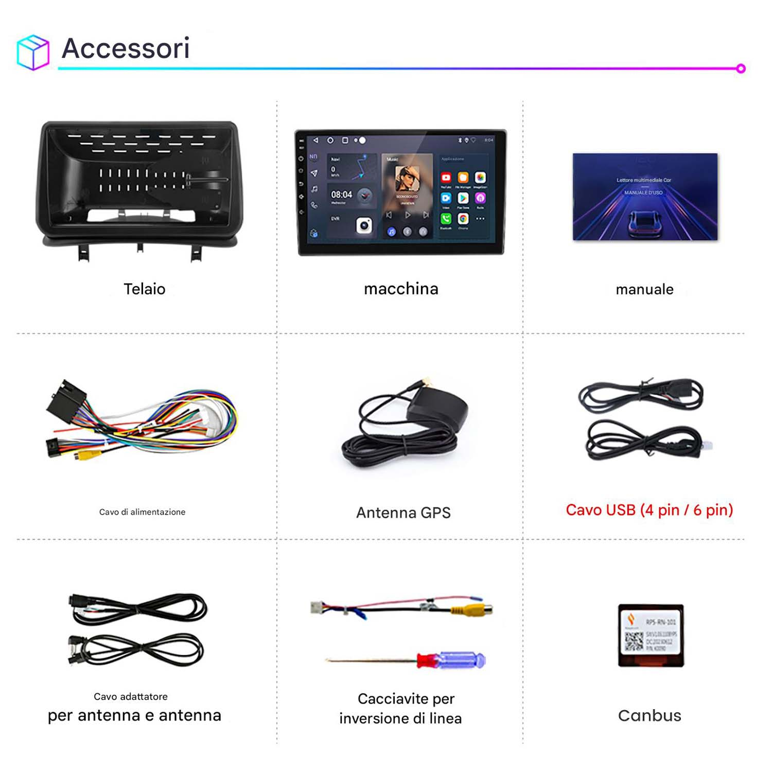 Accessori, tra cui telaio schermo auto, schermo auto, manuale, cablaggio, antenna GPS e cavi USB.