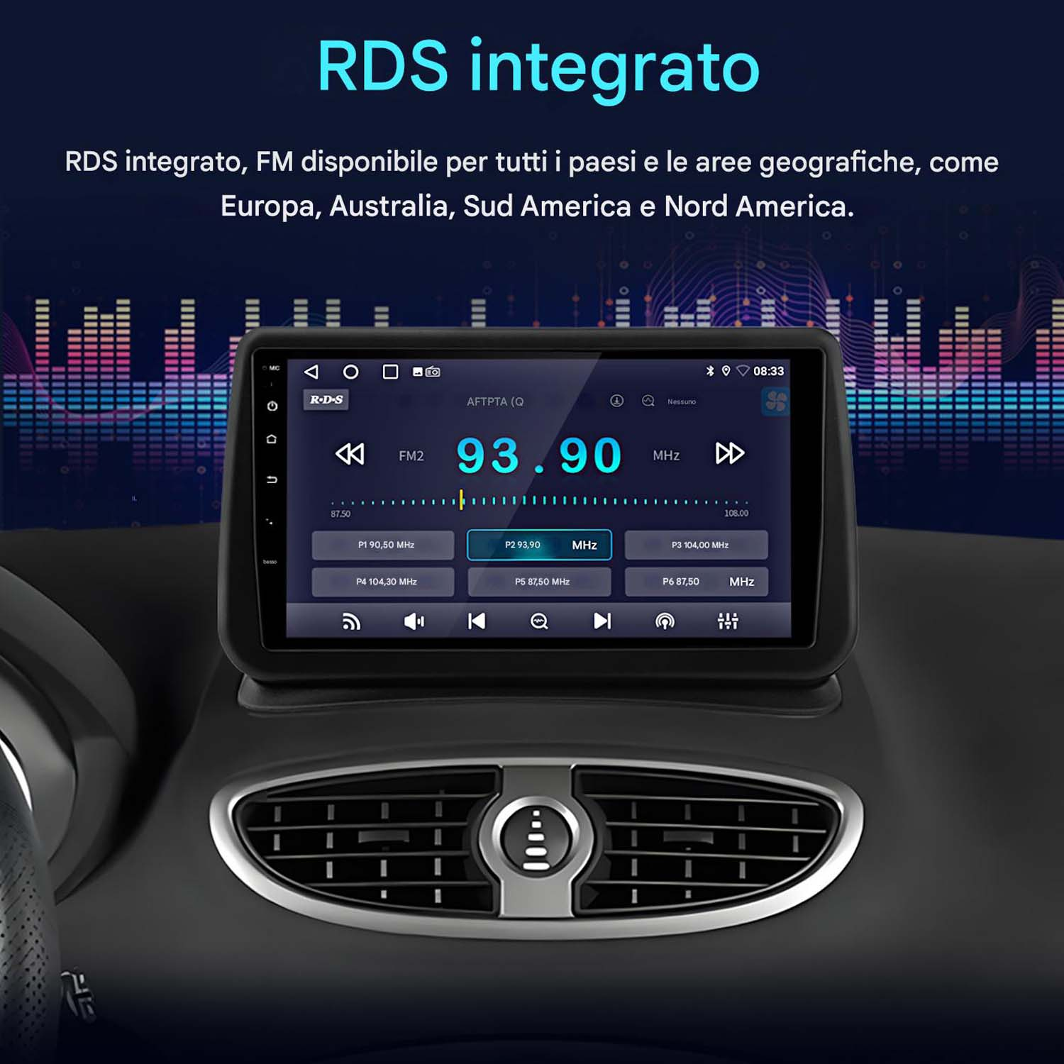 Autoradio che mostra l'interfaccia radio con frequenza 93,90 MHz. Lo schermo è in auto.