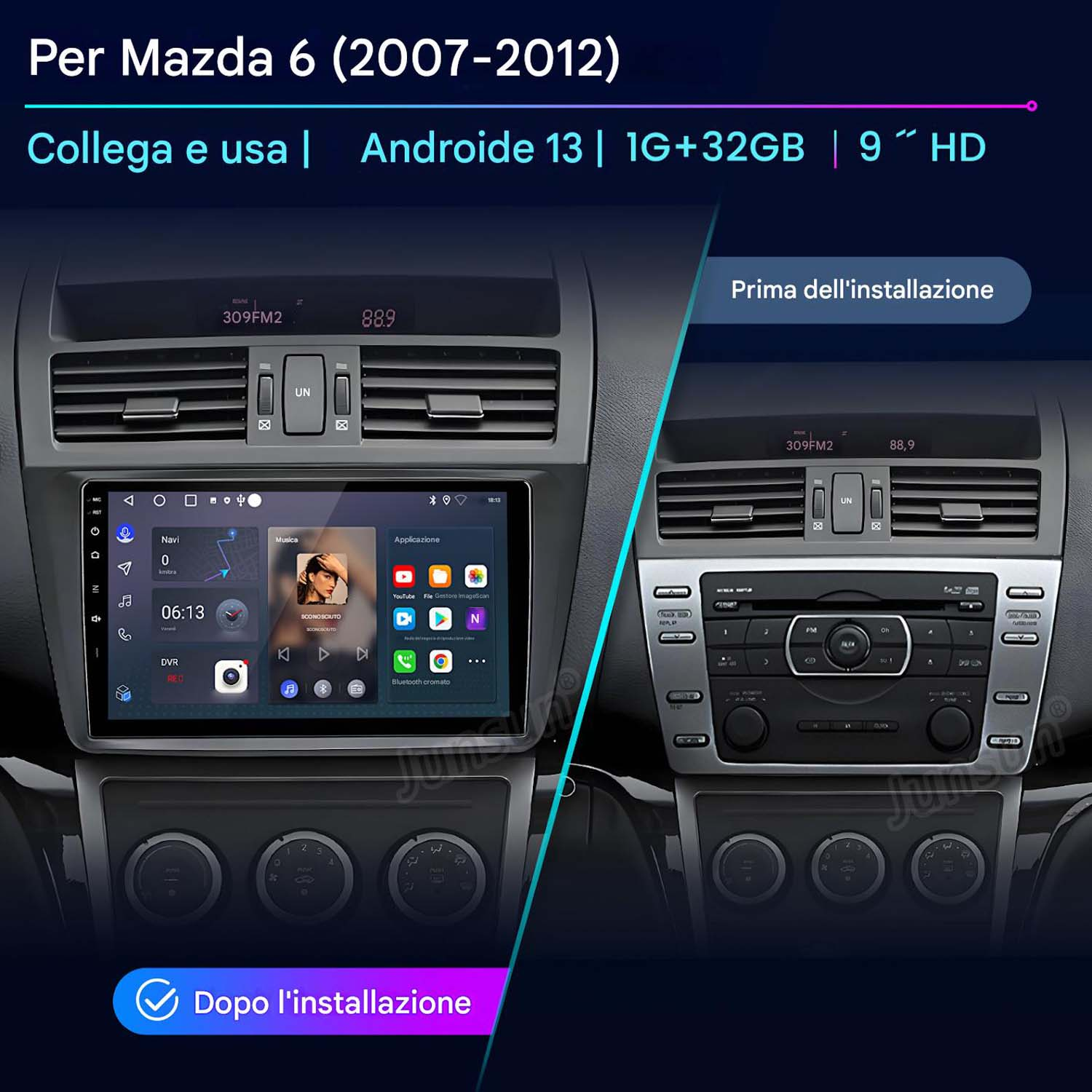 Schermo autoradio che mostra una vista prima e dopo l'installazione. Lo schermo mostra app di navigazione e musica.