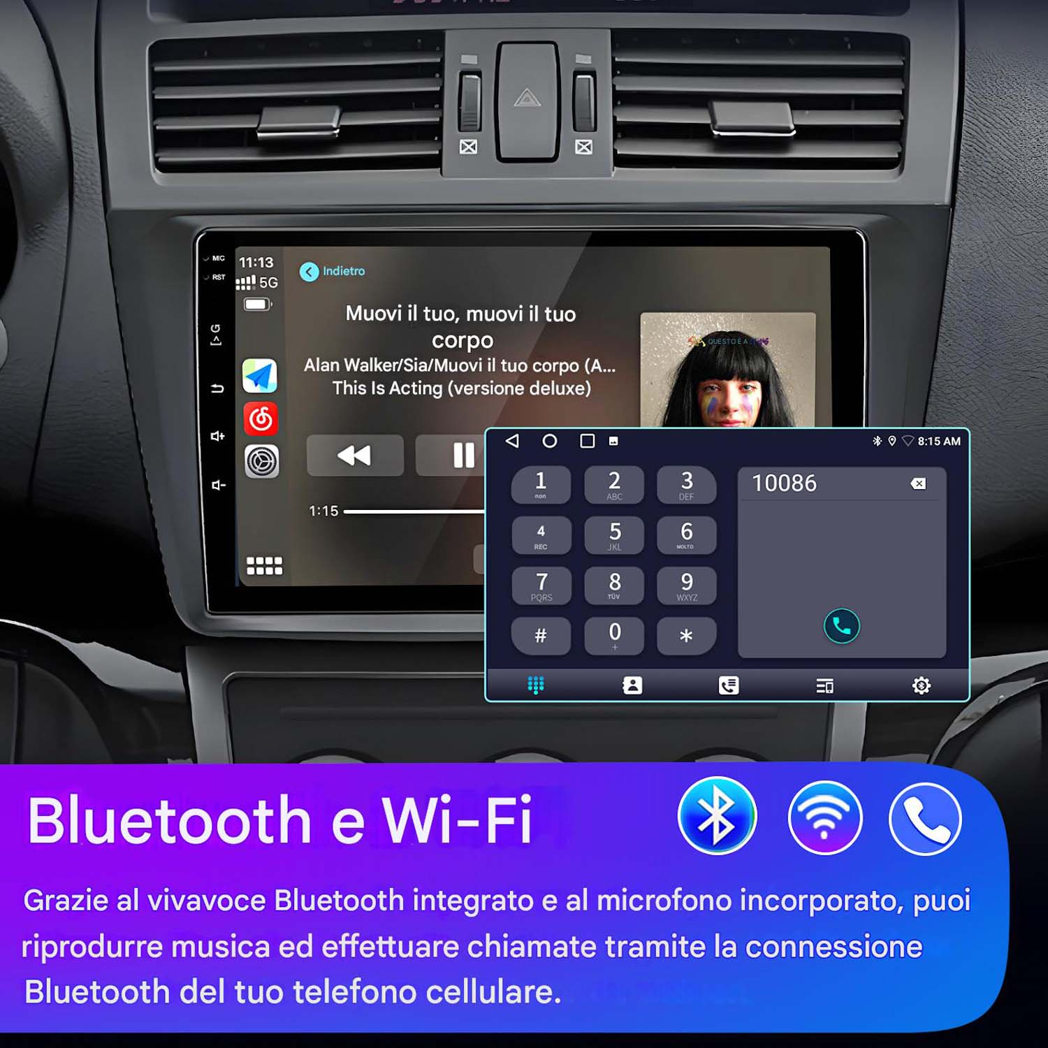 Interfaccia autoradio che mostra una schermata di composizione telefonica e la riproduzione musicale. Mostra icone Bluetooth e Wi-Fi.