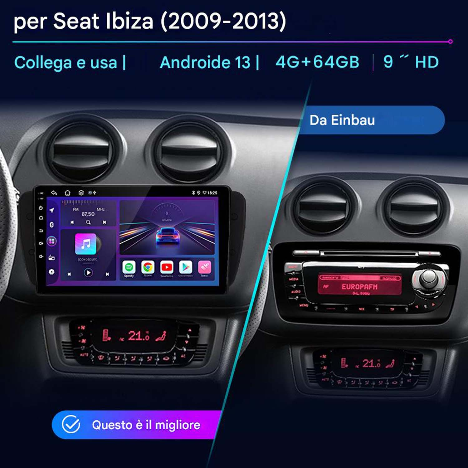 Cruscotto auto con sistema multimediale e confronto con un sistema più vecchio.