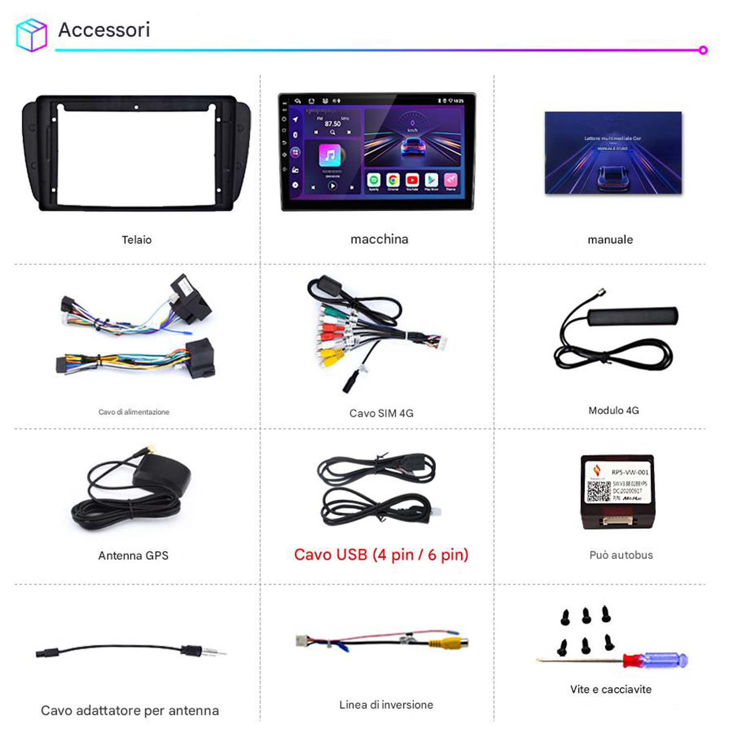 Vari accessori per un impianto stereo per auto, inclusi cavi, antenne e un modulo 4G.