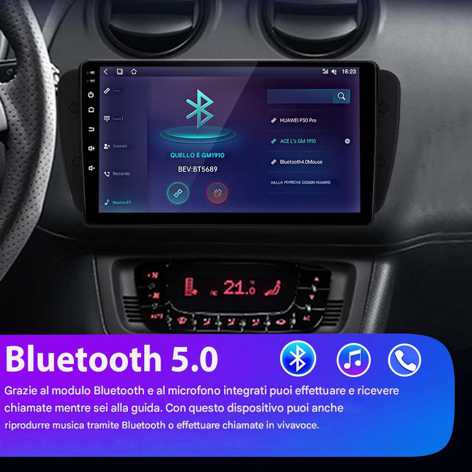 Sistema multimediale per auto nel cruscotto che mostra un'interfaccia Bluetooth. Lo schermo mostra le opzioni Bluetooth.