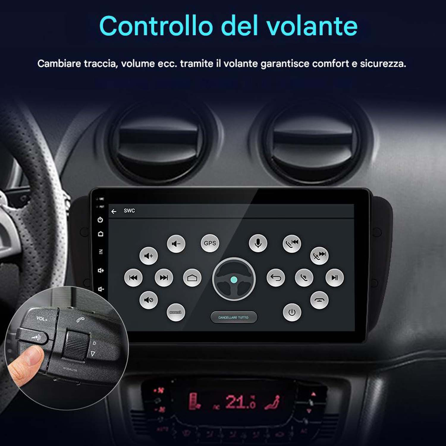 Sistema multimediale per auto con comandi al volante e mano che preme un pulsante. Cruscotto e interno auto visibili.