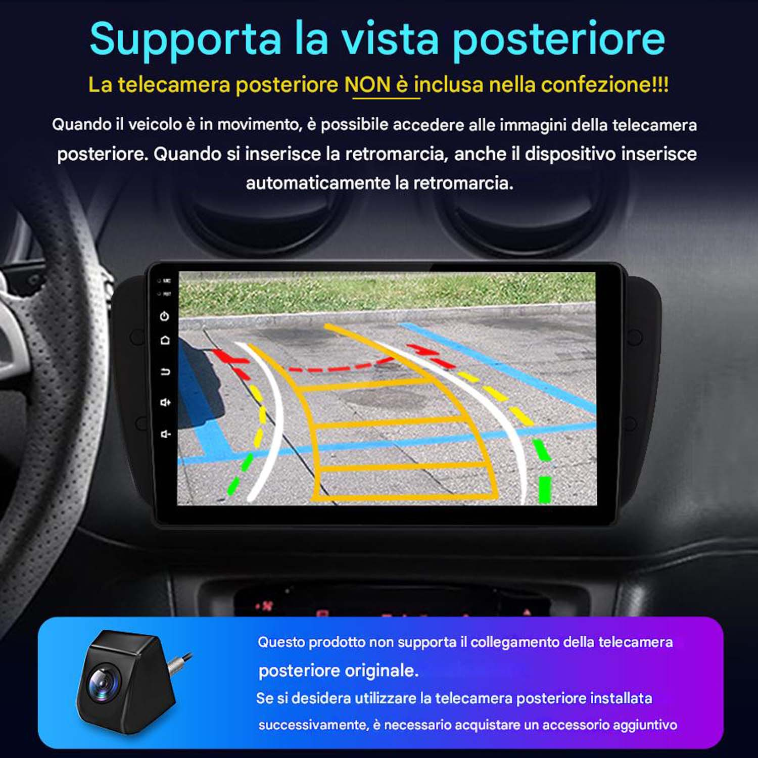 Cruscotto auto con schermo che mostra la vista della telecamera posteriore, non inclusa.