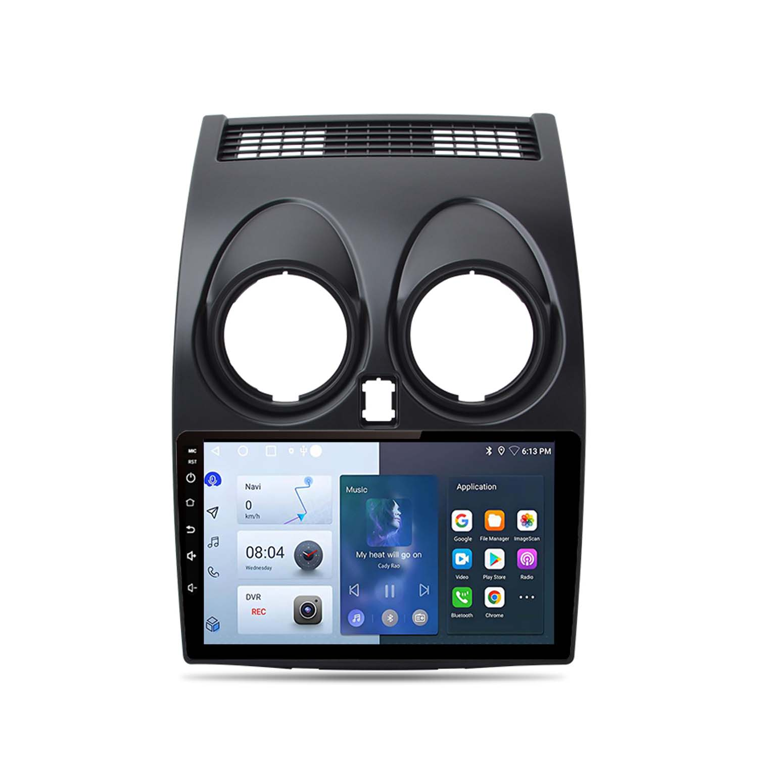 Un display dell'autoradio con un'interfaccia musicale e icone di applicazioni.