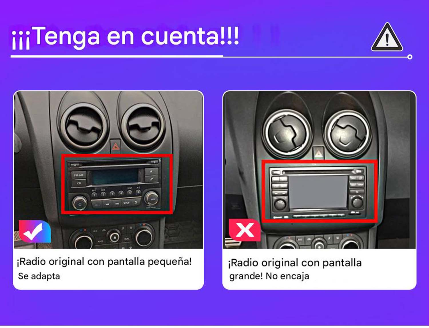 Confronto tra due autoradio: una si adatta, l'altra no. Testo etichetta ogni radio.
