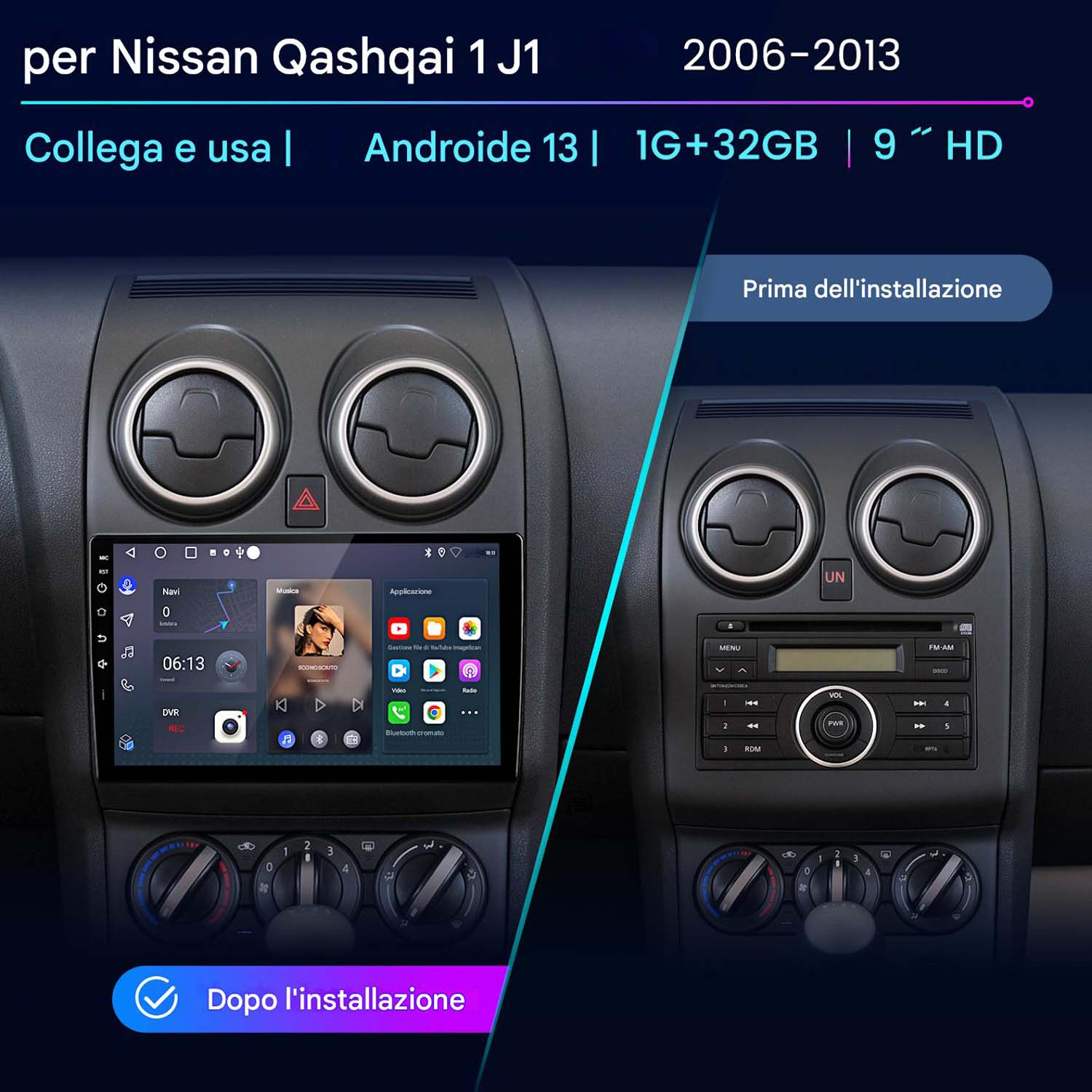 Sistema multimediale per auto installato nel cruscotto. Visualizza navigazione, musica e app. Confronto prima/dopo l'installazione.