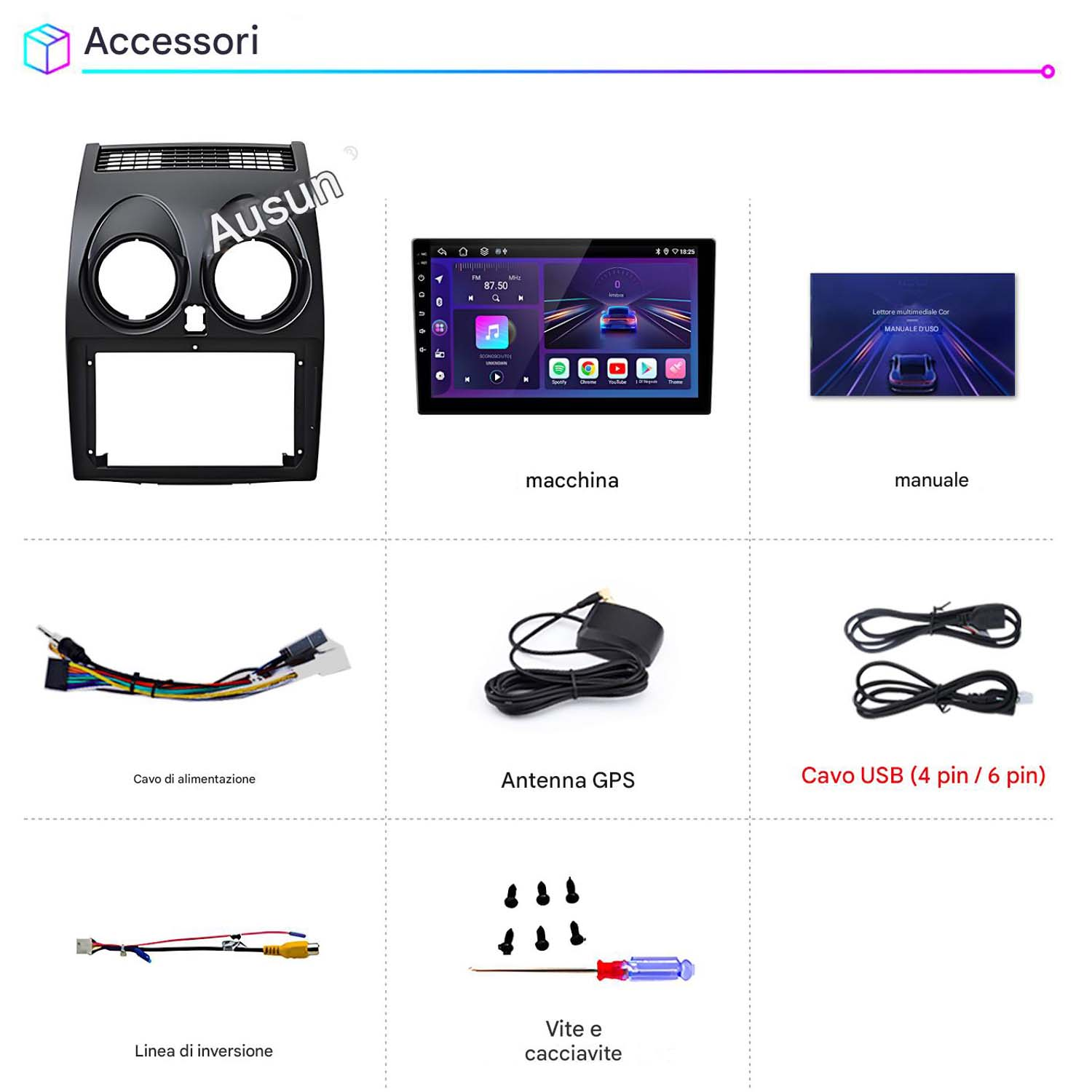 Accessori per sistema autoradio, inclusi telaio, schermo, cavi e antenna GPS.