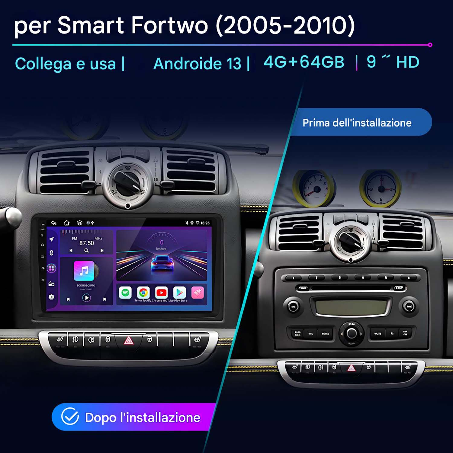 Cruscotto auto con display touchscreen. Mostra prima e dopo l'installazione per Smart Fortwo.