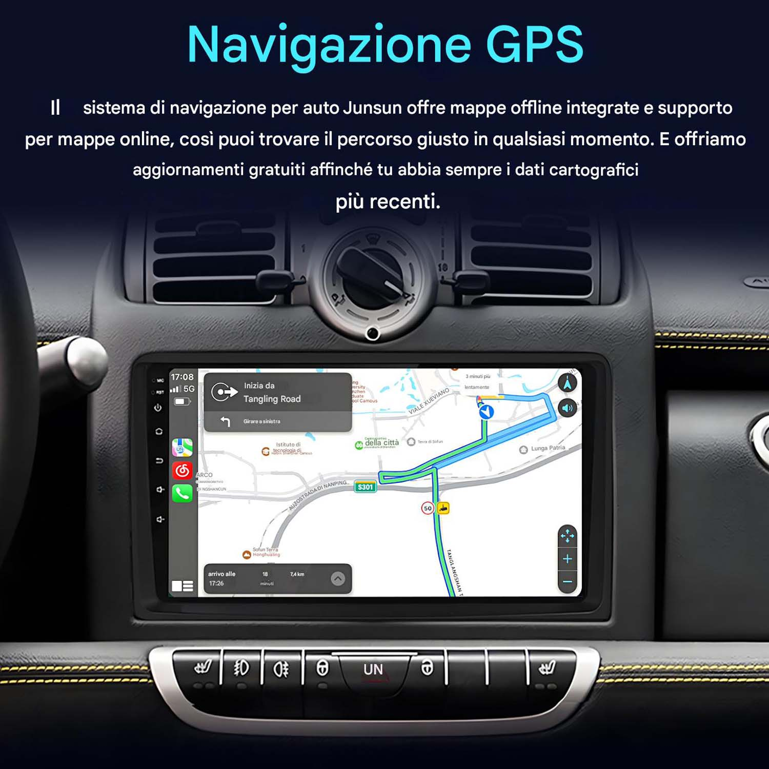 Cruscotto auto con schermo di navigazione GPS che mostra una mappa e informazioni sul percorso.