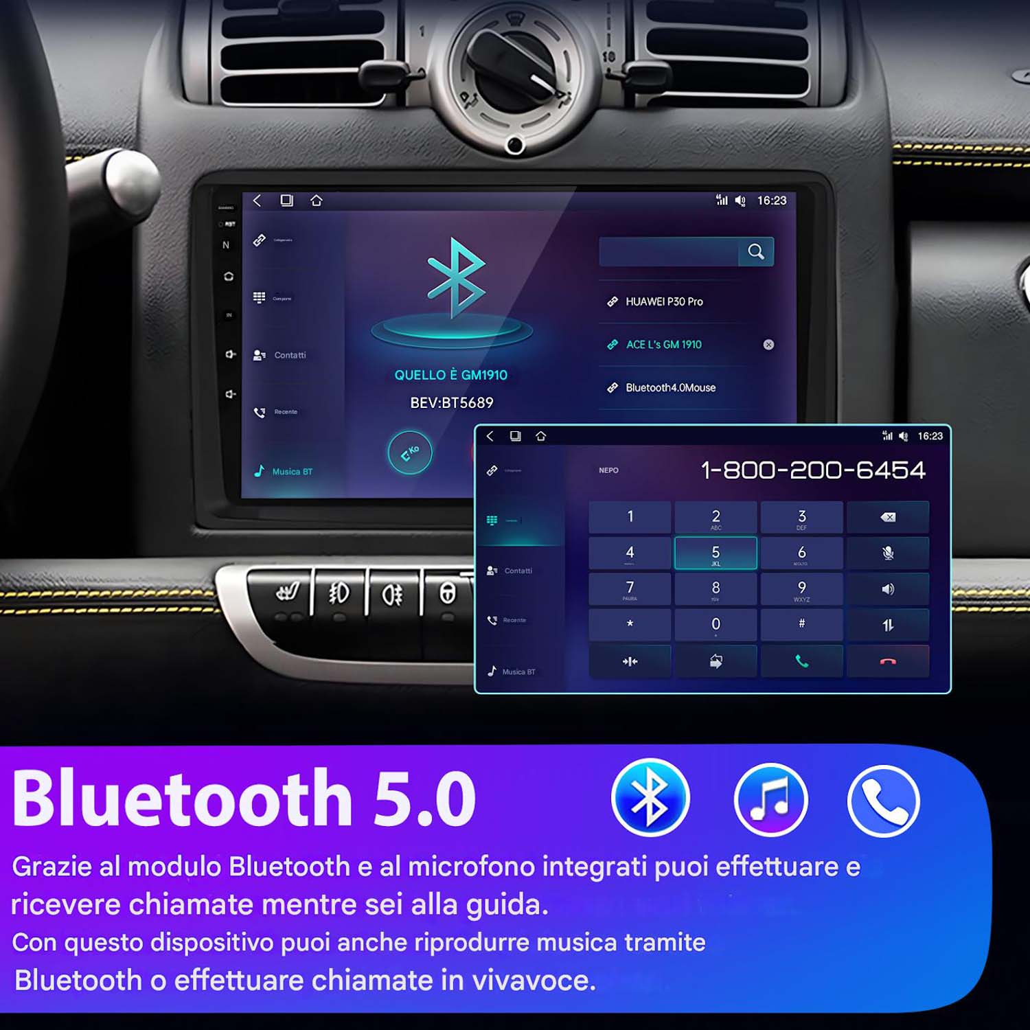 Sistema multimediale per auto con interfaccia Bluetooth. Lo schermo mostra le opzioni Bluetooth e una telefonata.