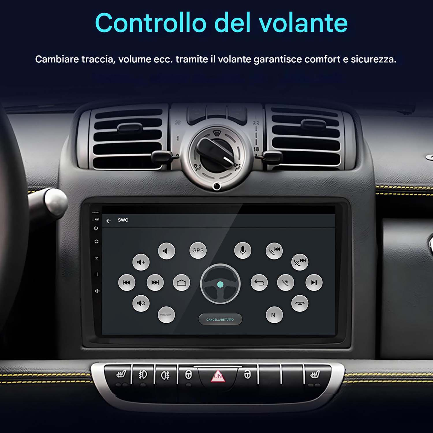 Sistema multimediale per auto con comandi al volante e cruscotto. Lo schermo mostra l'interfaccia del sistema.