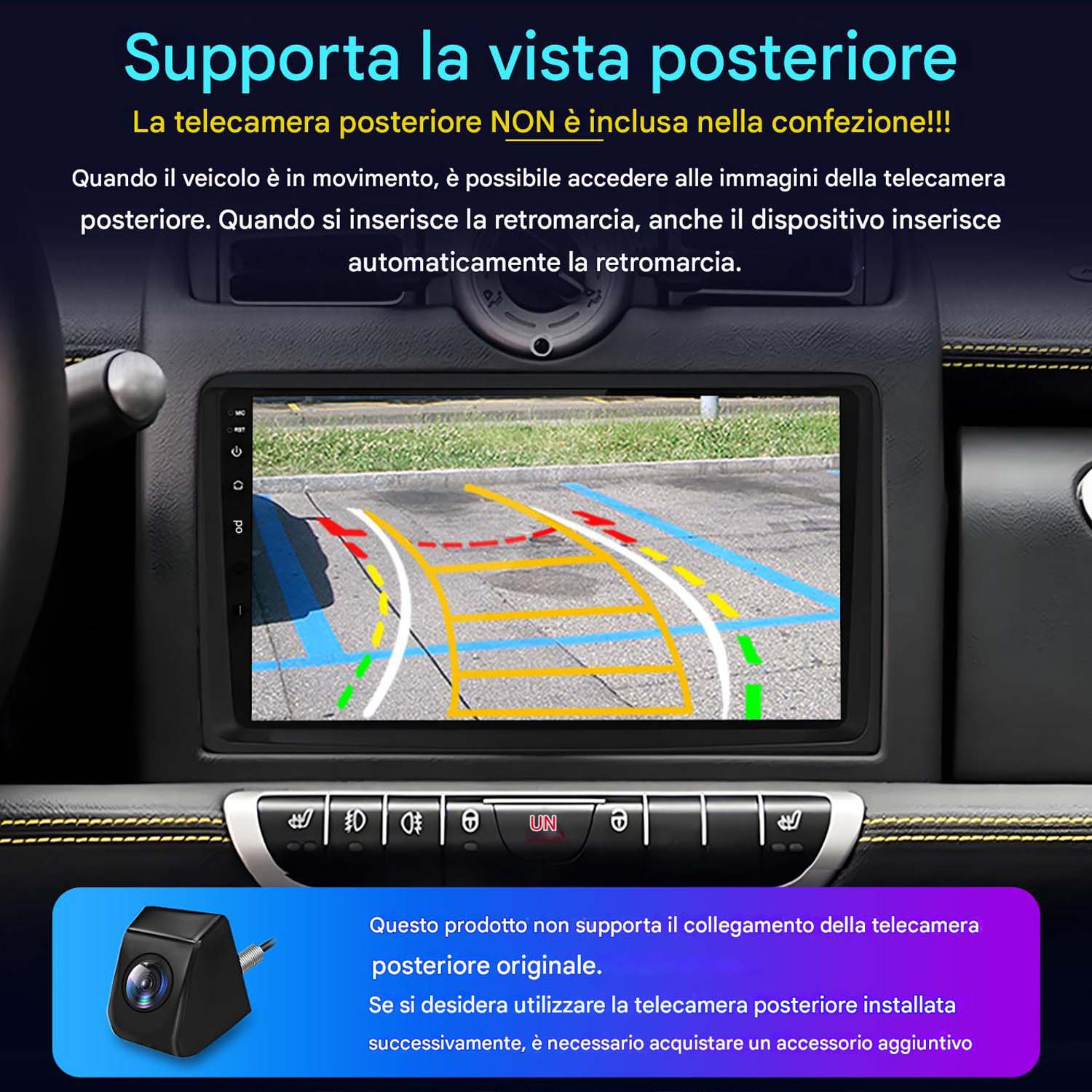Schermo autoradio con vista telecamera posteriore e linee di parcheggio. Piccola telecamera in basso a sinistra.
