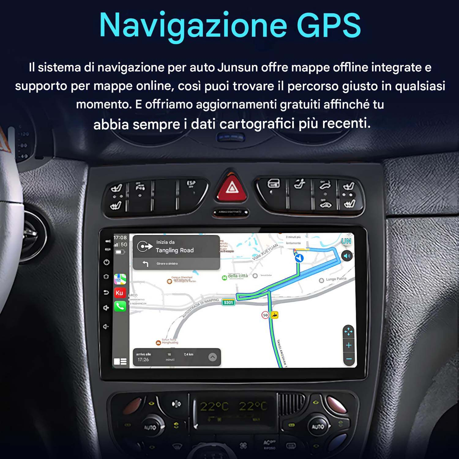 Sistema multimediale per auto, che mostra una mappa di navigazione GPS. Mostra la posizione attuale e il percorso.