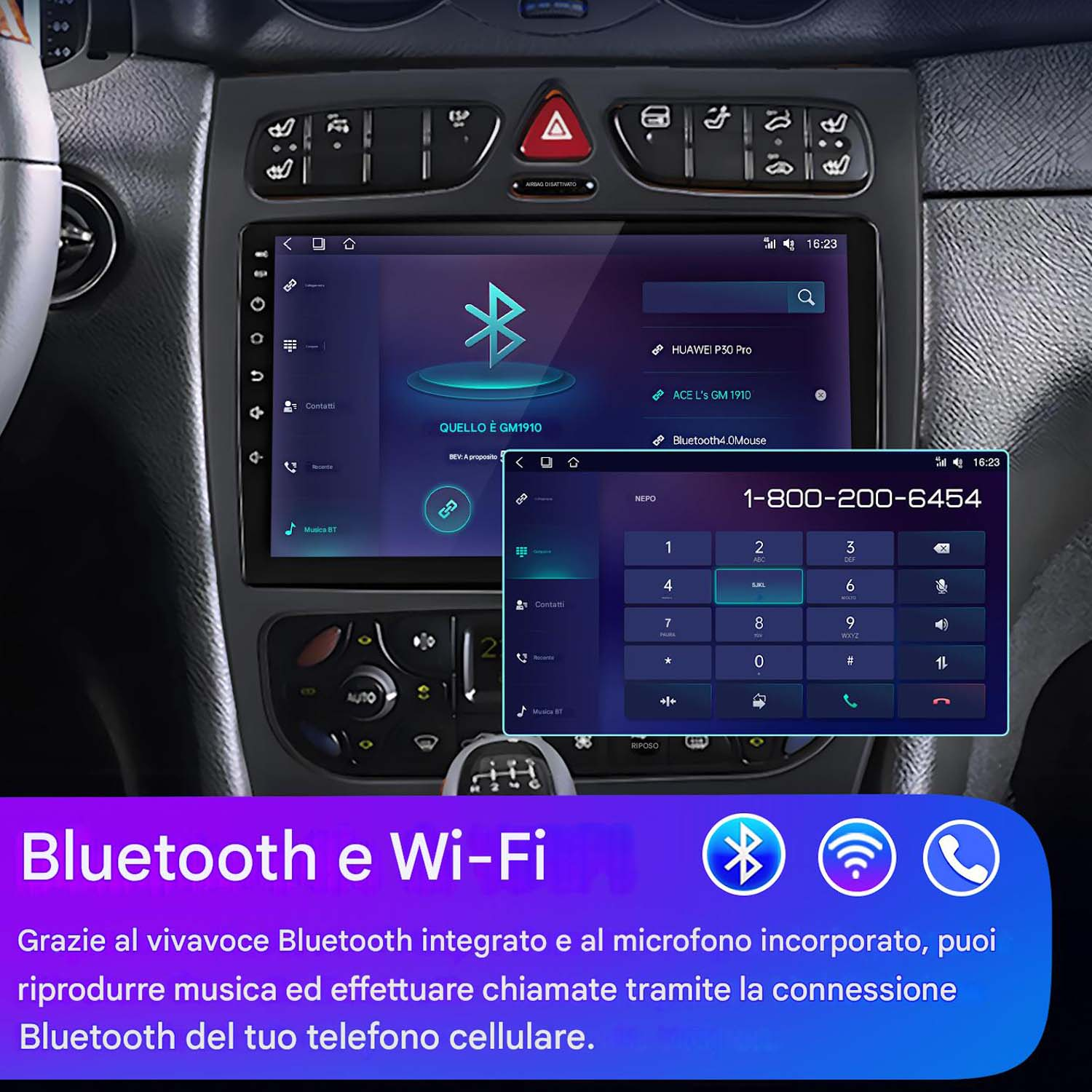 Sistema multimediale per auto con interfaccia Bluetooth e Wi-Fi. Lo schermo mostra le opzioni Bluetooth e una chiamata.