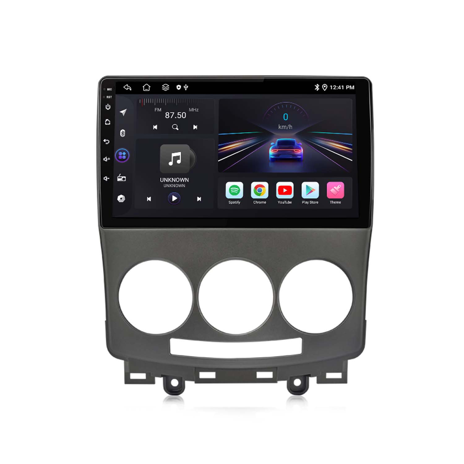 Schermo autoradio che mostra l'interfaccia radio con icone di musica e app. È in auto.