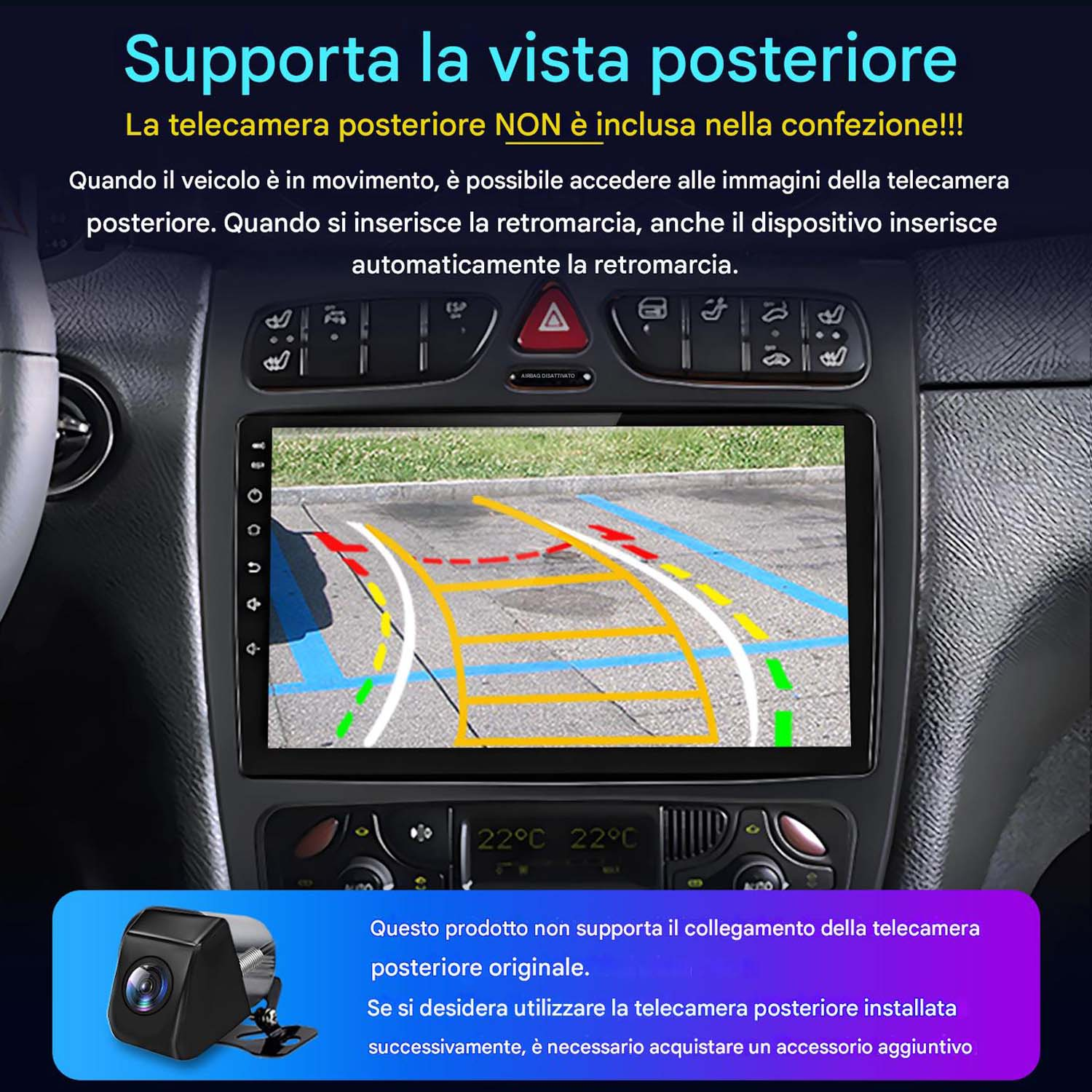 Schermo autoradio che mostra la vista della telecamera posteriore, mostrando il cruscotto del veicolo. Una telecamera è mostrata nell'angolo.