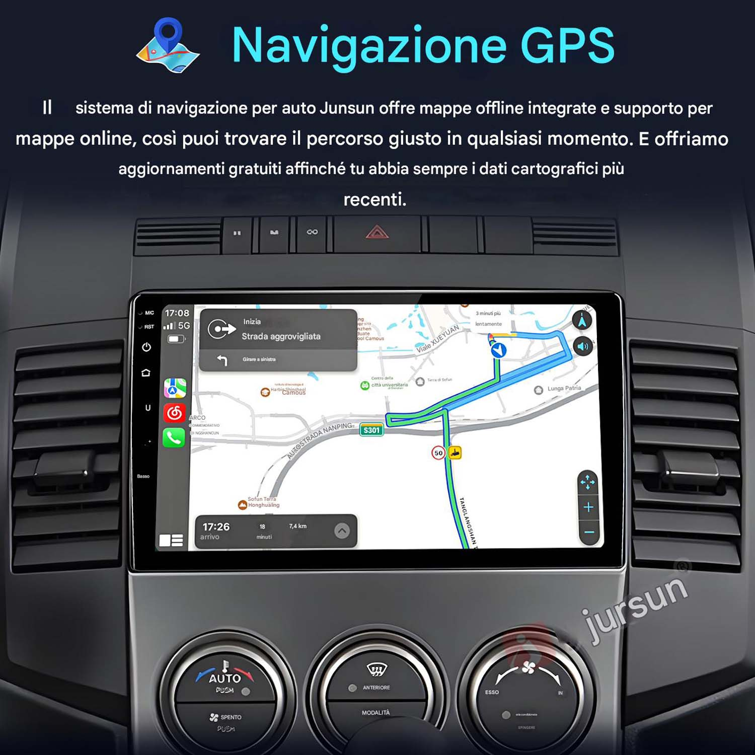 Sistema multimediale per auto che mostra una mappa GPS. Mostra posizione e percorso con nomi delle strade.