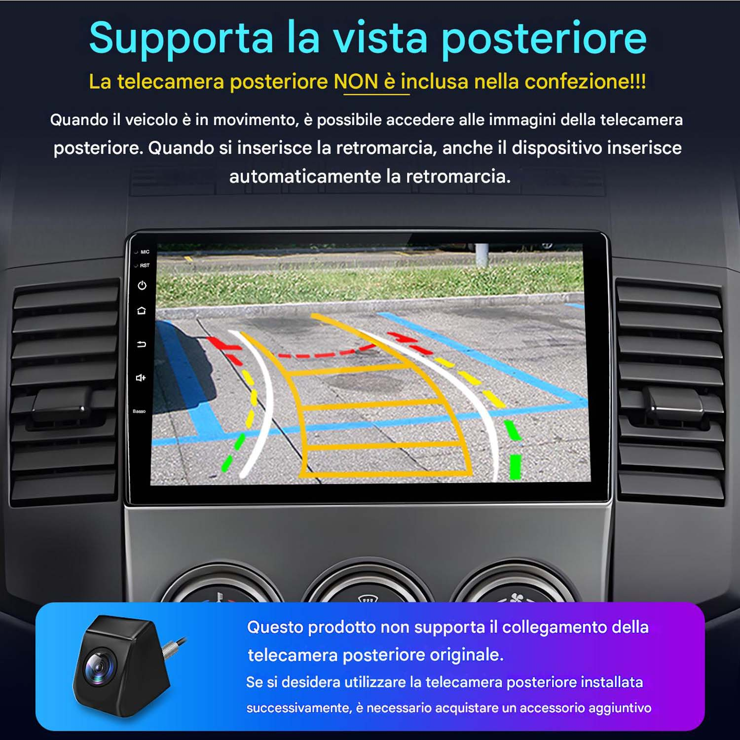 Cruscotto dell'auto con display della telecamera di retromarcia che mostra le linee di parcheggio e la strada.