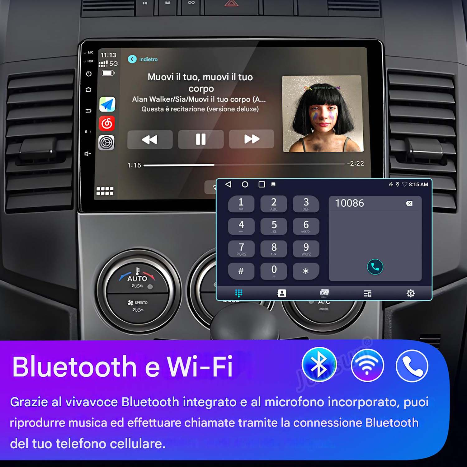 Cruscotto dell'auto con interfaccia Bluetooth e Wi-Fi. Lo schermo mostra le opzioni di chiamata telefonica e riproduzione musicale.