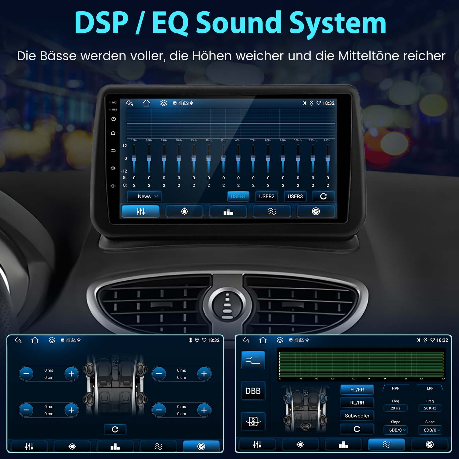 Schermo del sistema audio dell'auto. Visualizza le impostazioni dell'equalizzatore e i dettagli del sistema audio.
