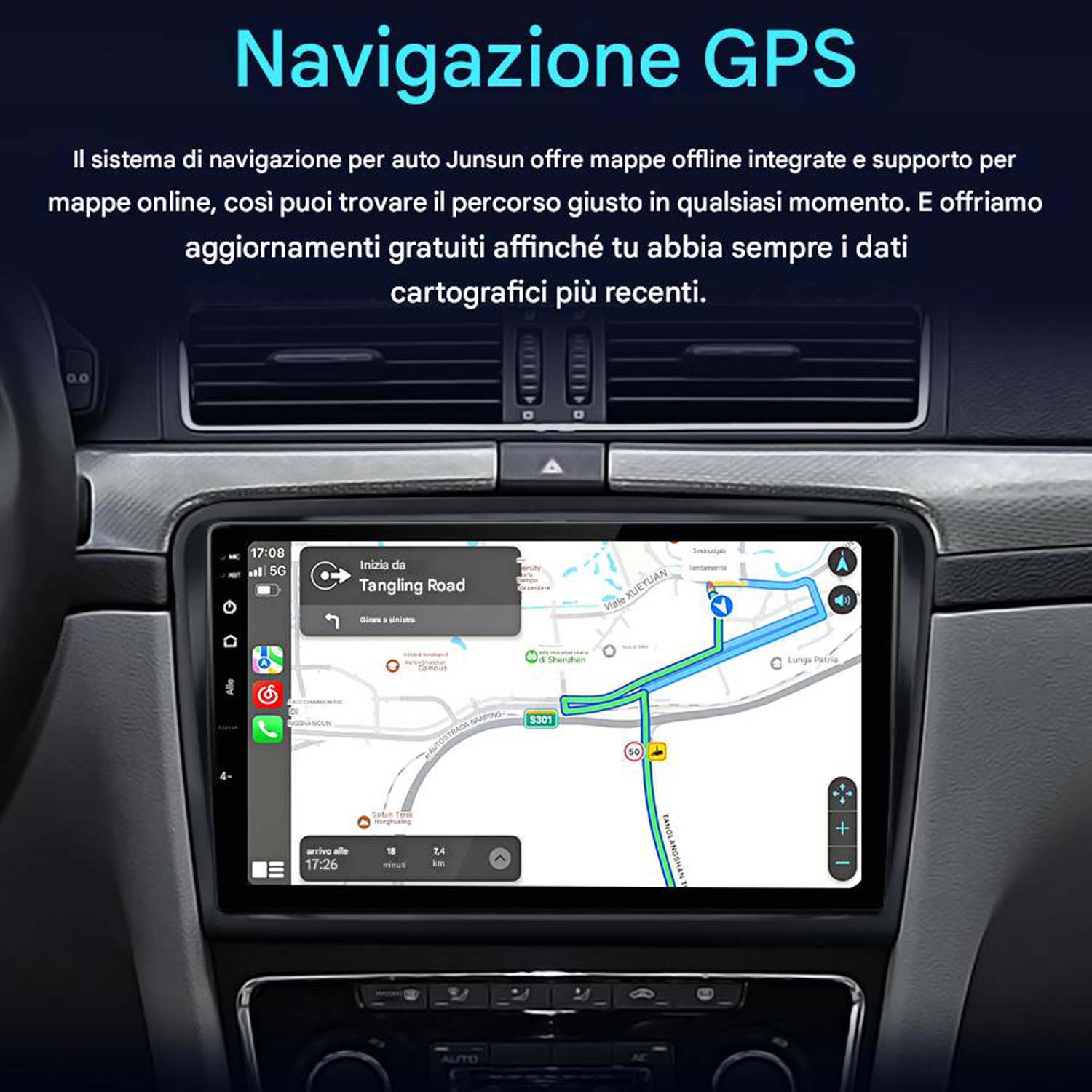 Cruscotto auto che mostra uno schermo di navigazione GPS con una mappa e la guida del percorso.