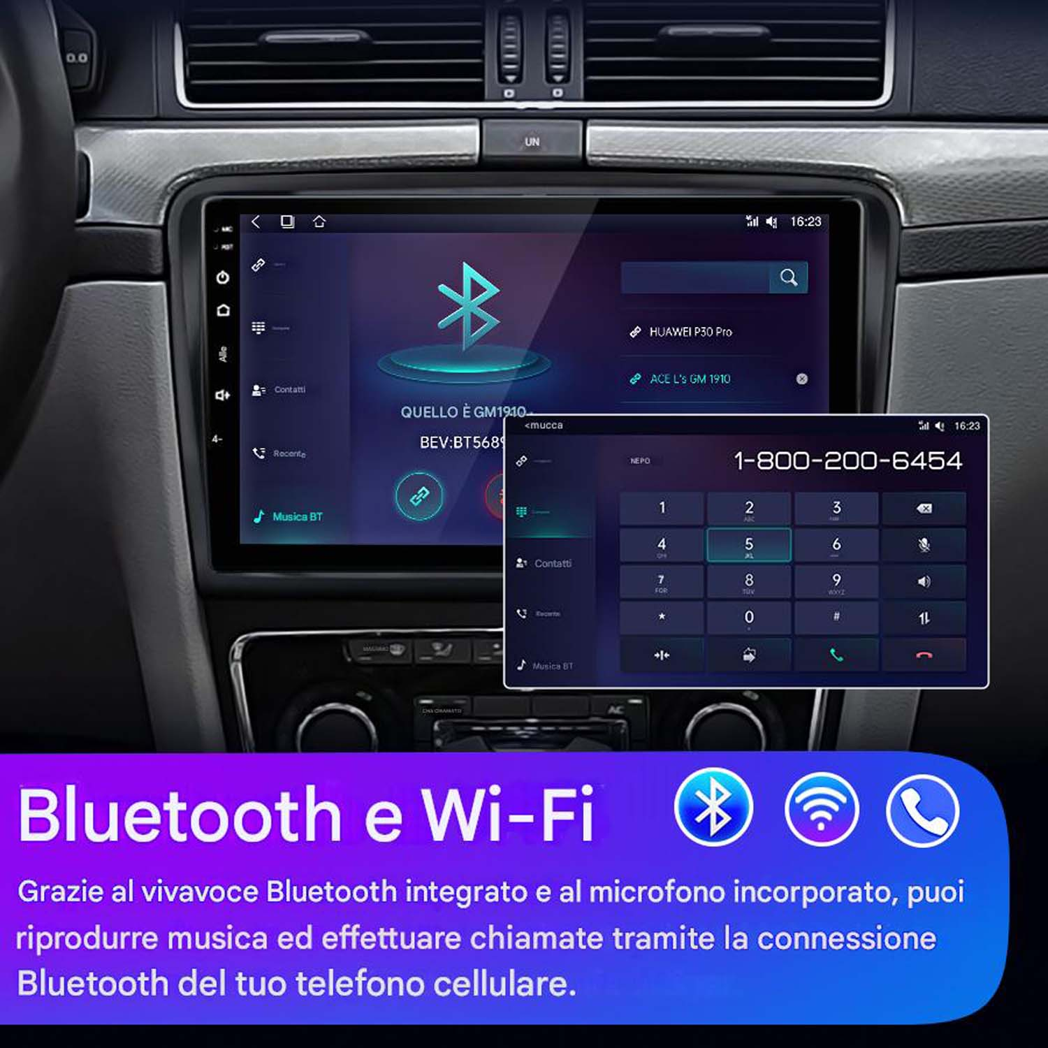 Cruscotto auto con schermo radio che mostra un'interfaccia telefonica, icone Bluetooth e Wi-Fi.
