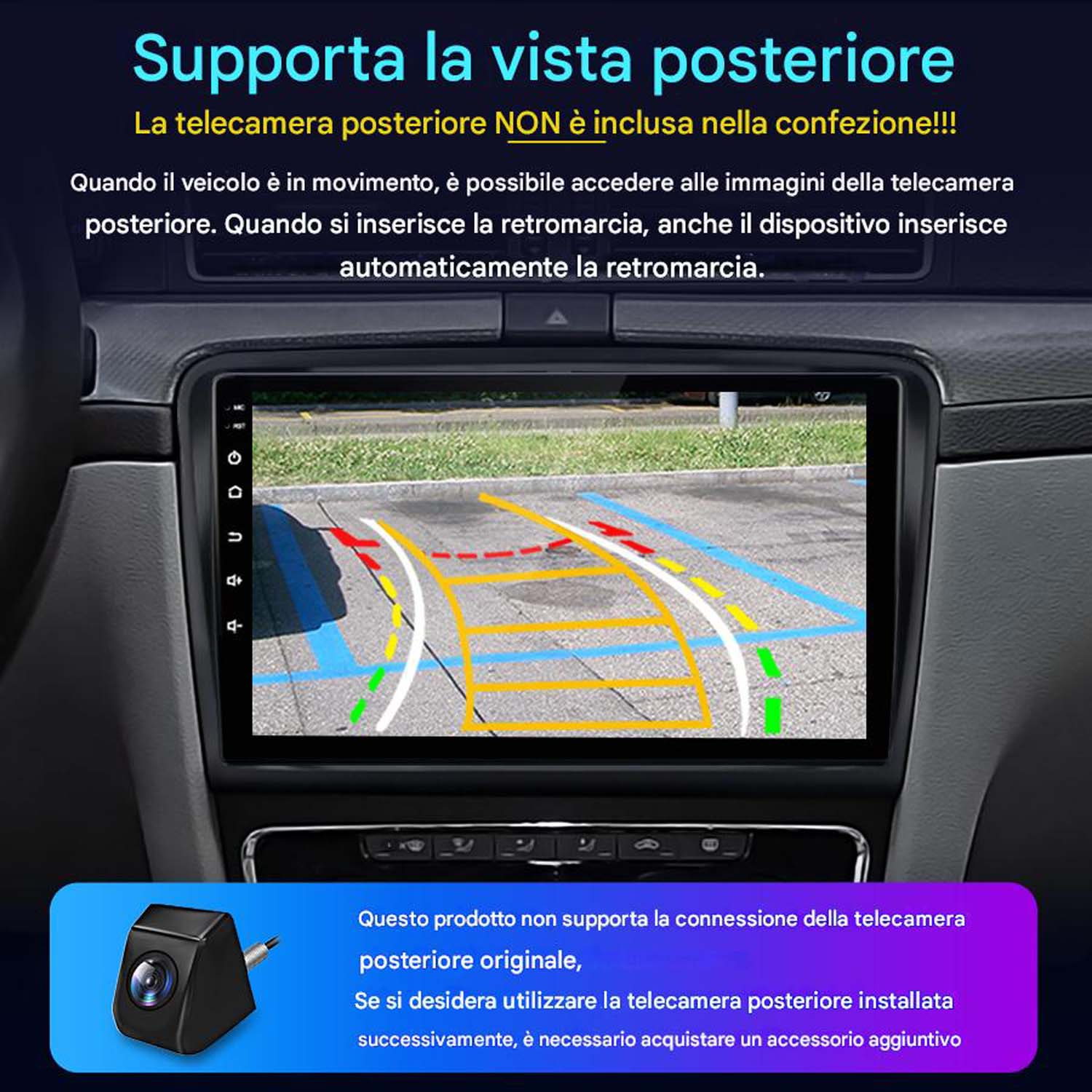 Schermo auto che mostra la vista della telecamera posteriore. Viene mostrata anche una telecamera.