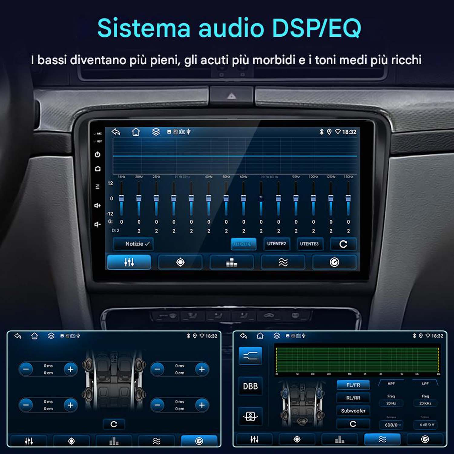 Schermo autoradio che mostra le impostazioni dell'equalizzatore e i controlli del subwoofer. Cruscotto dell'auto visibile.