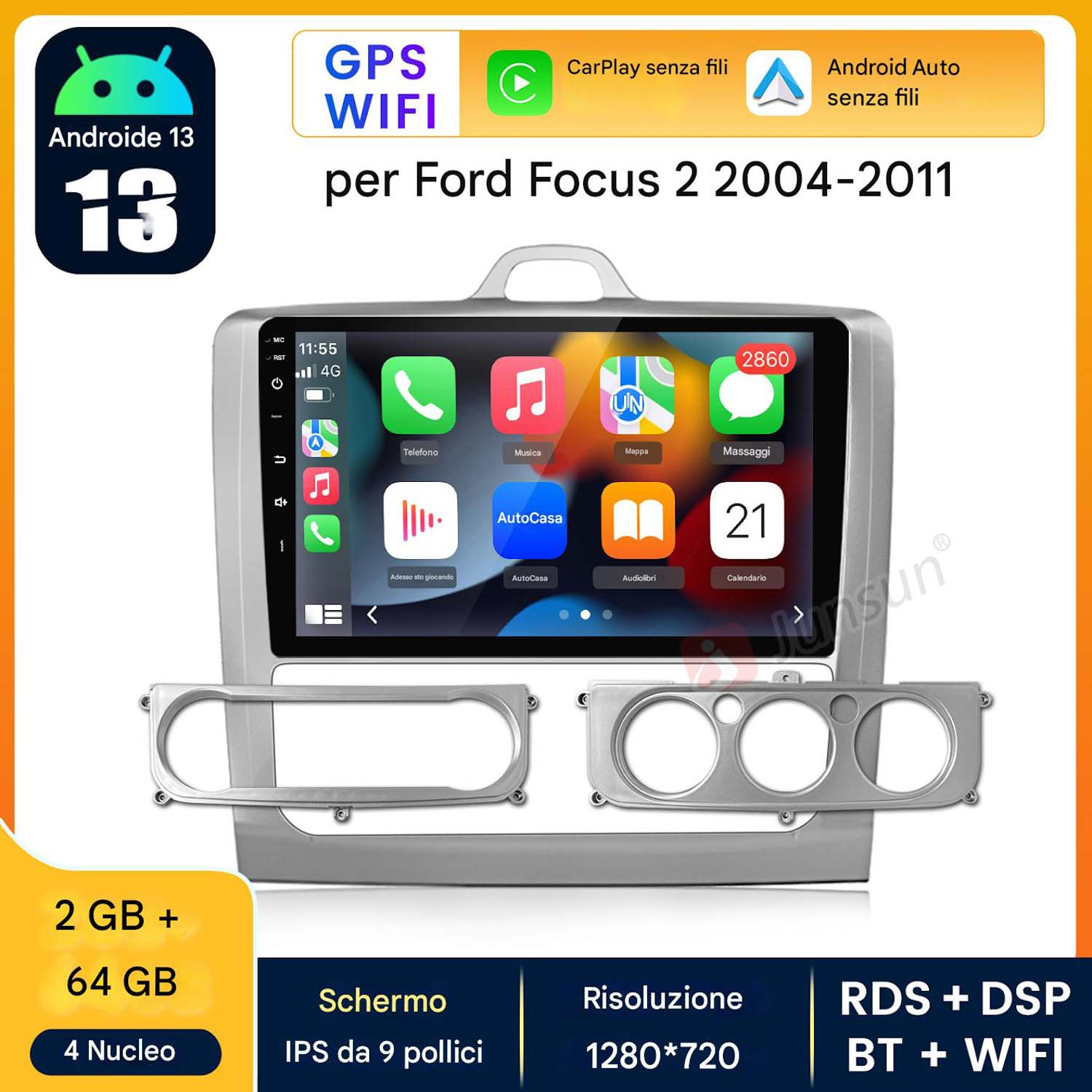 Autoradio con Android 13, GPS e WiFi, che mostra l'interfaccia e lo schermo con opzioni.