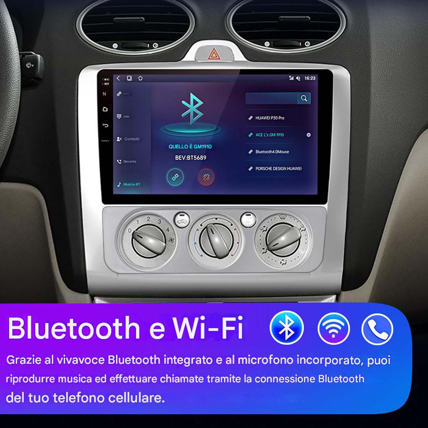 Schermo del sistema multimediale dell'auto che mostra le impostazioni Bluetooth e Wi-Fi. Mostra i dispositivi connessi.