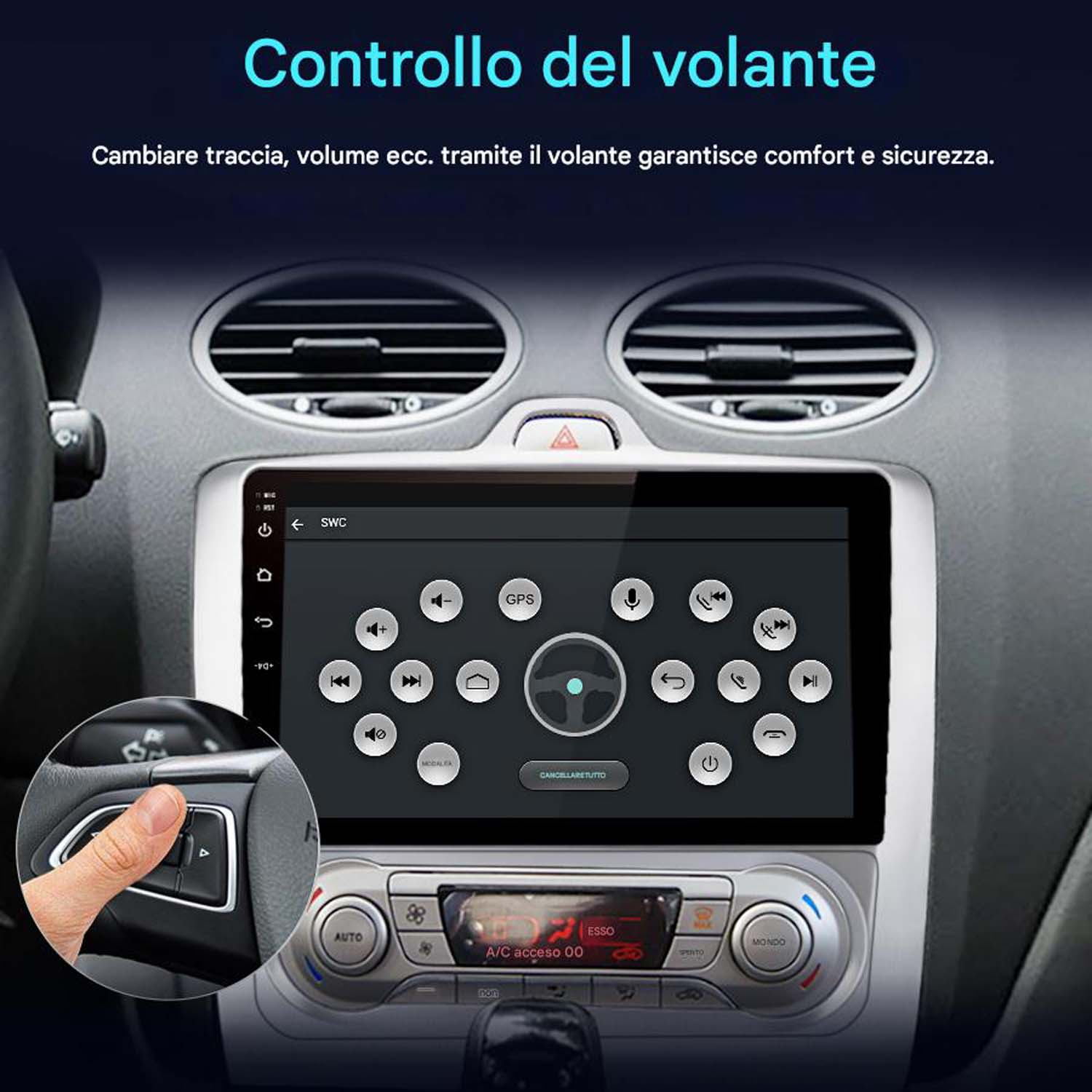 Un cruscotto per auto con un sistema multimediale, che mostra i comandi al volante per il volume e il cambio traccia.