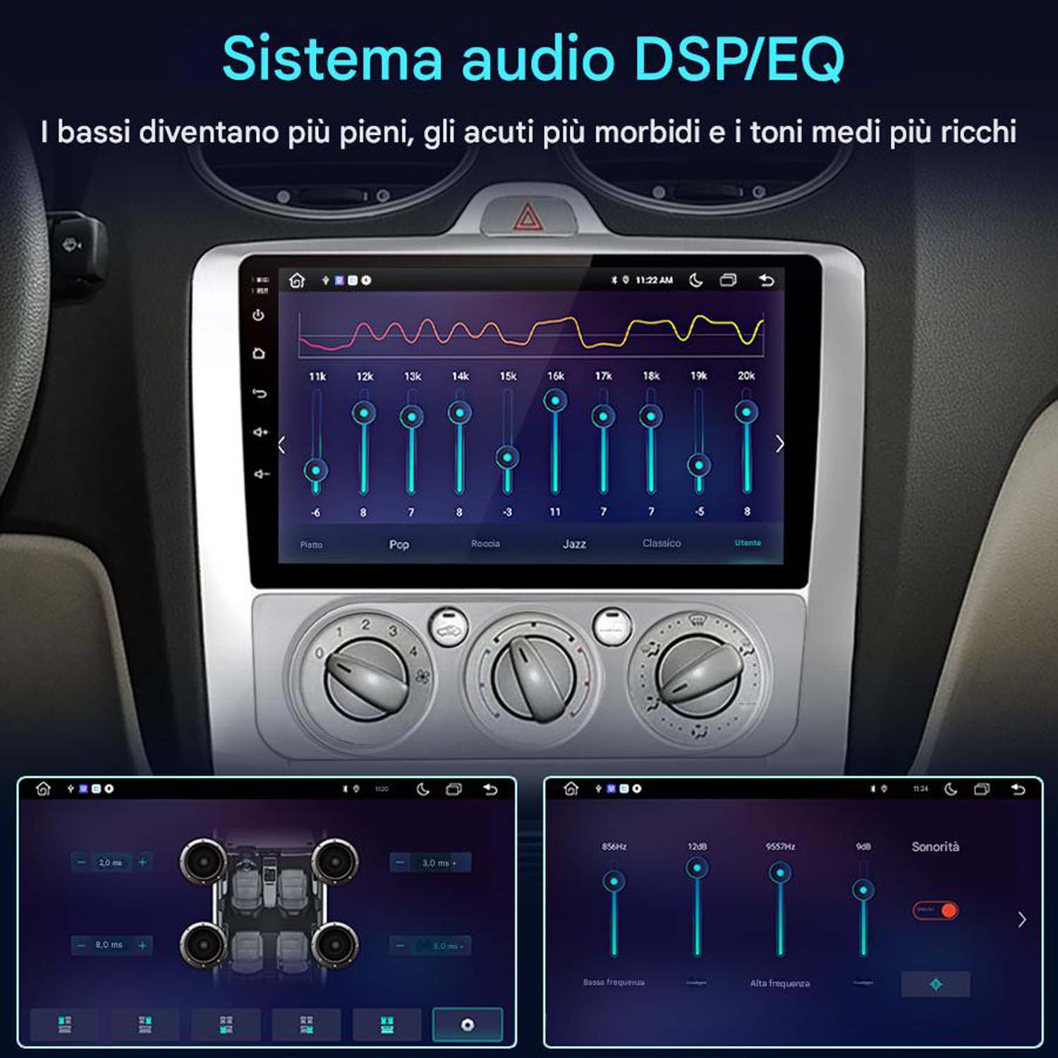 Schermo dell'autoradio che mostra le impostazioni audio. Equalizzatore con diverse modalità audio e regolazioni di frequenza.