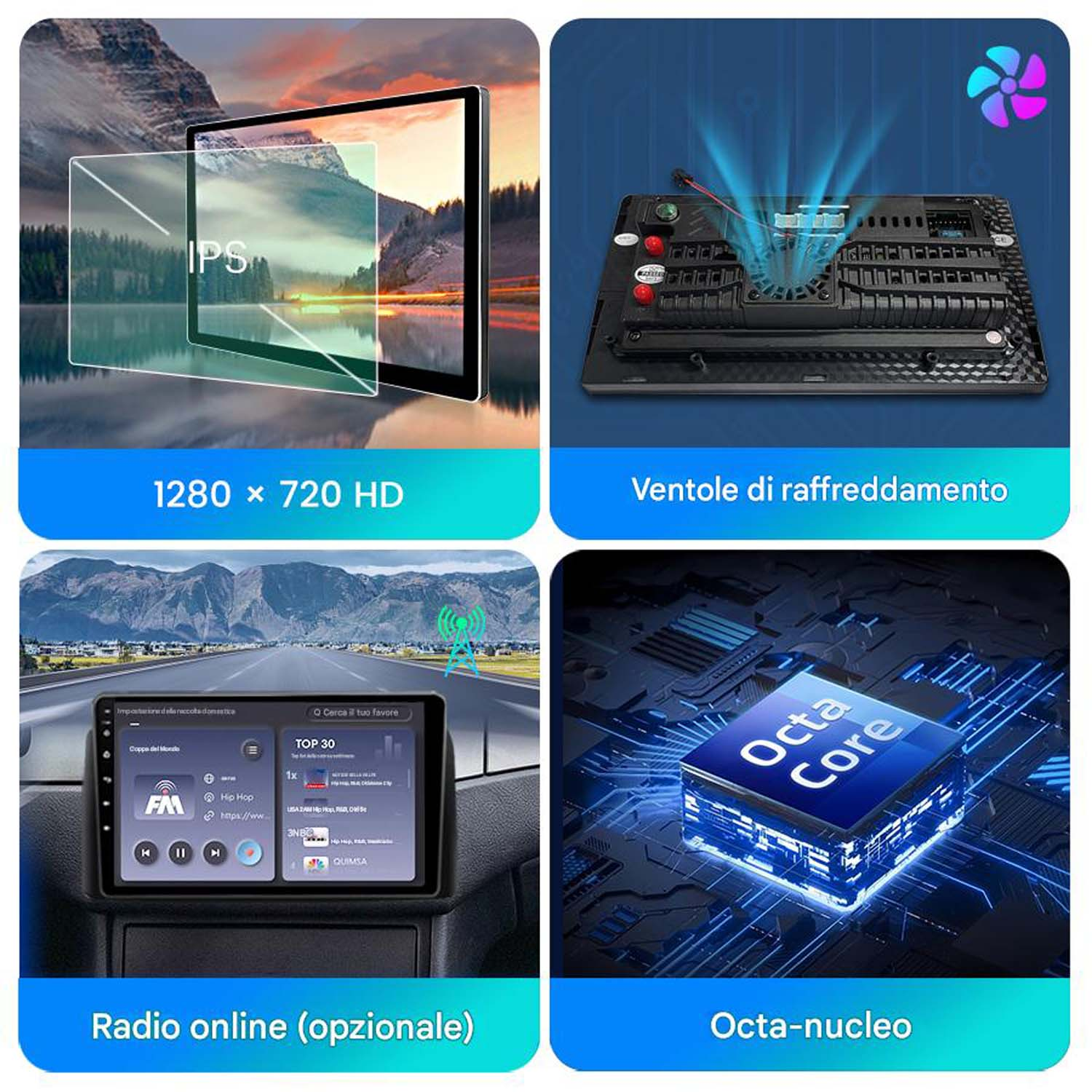 Componenti autoradio: schermo HD, ventola di raffreddamento, interfaccia radio e processore Octa Core.